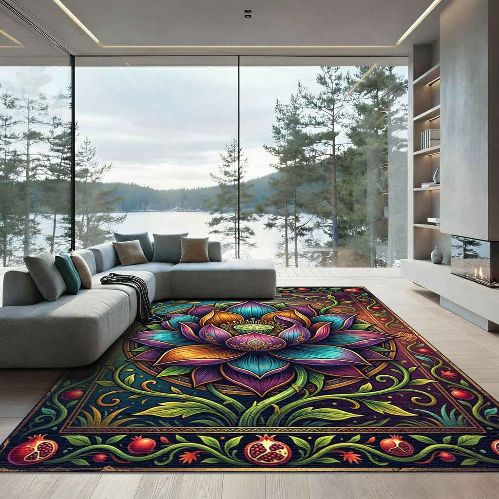 Vibrant Lotus Pomegranate Art Nouveau Medallion Rug