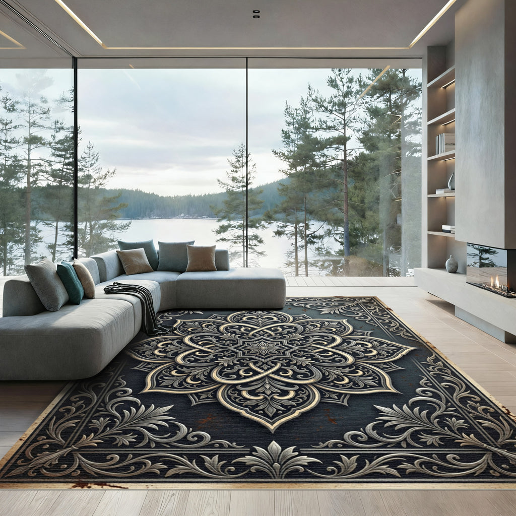 Intricate Silver Floral Slate Damask Rug