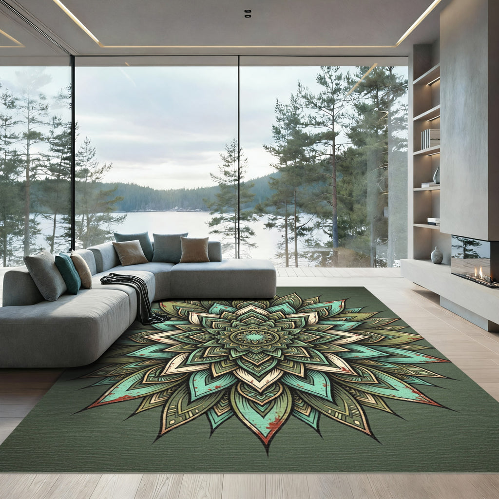 Sage Teal Layered Lotus Mandala Rug