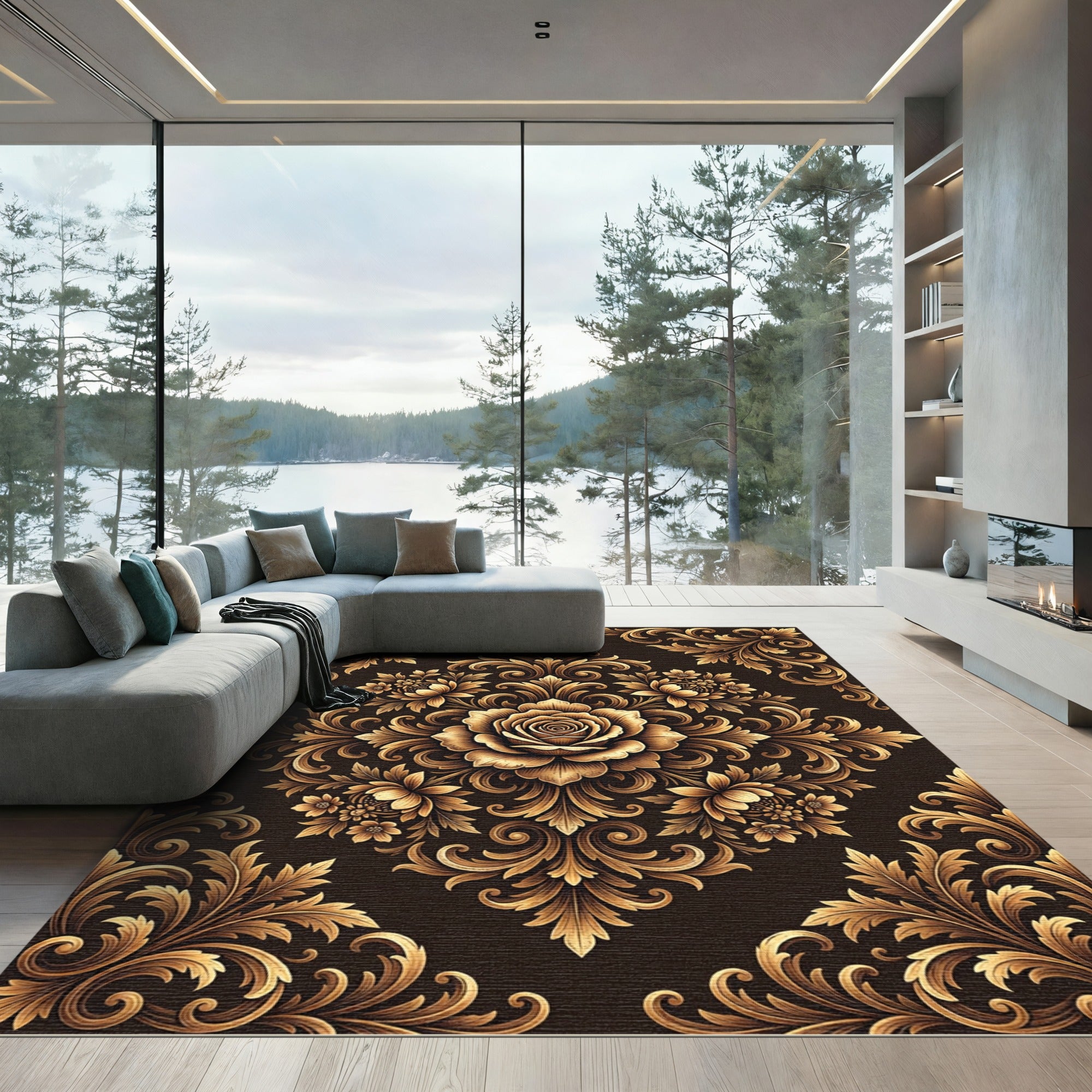 Opulent Gold Floral Scrollwork Rug