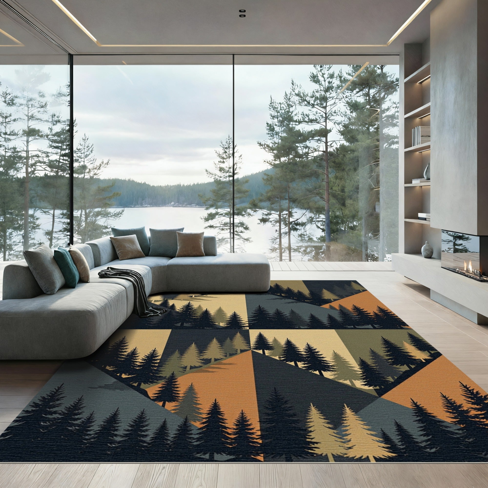 Geometric Forest Pine Earth Tone Landscape Rug