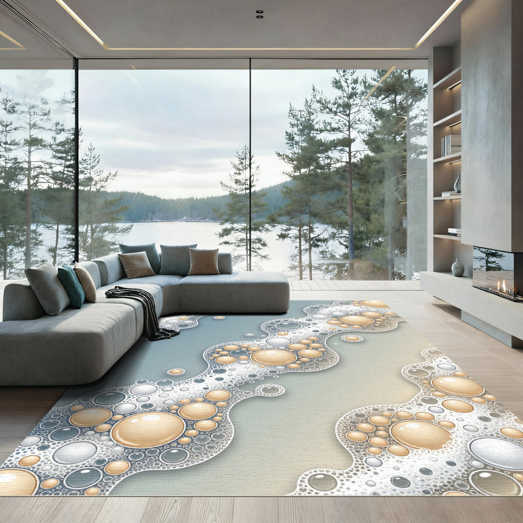 Ethereal Floating Bubble Cream Blue Abstract Rug