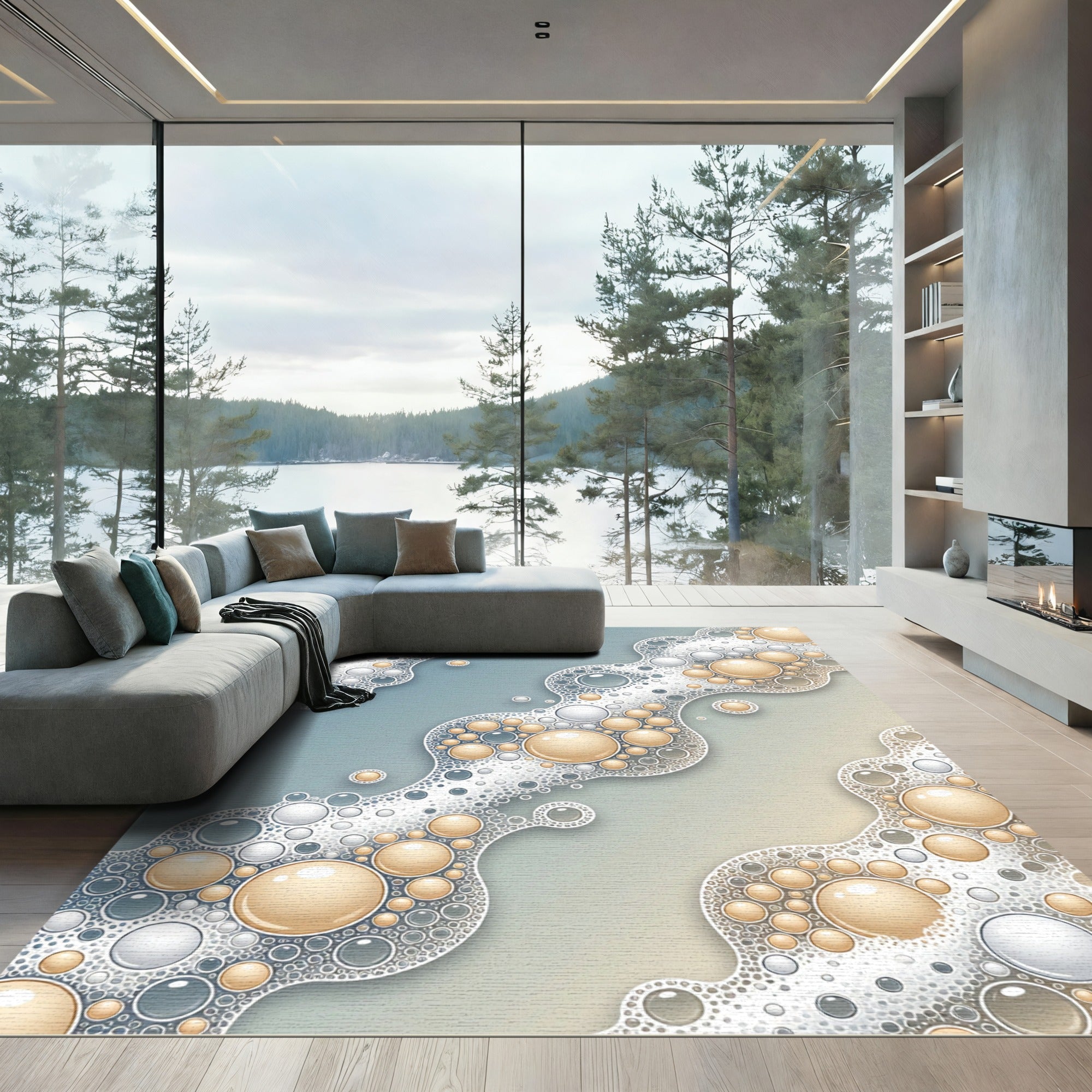 Ethereal Floating Bubble Cream Blue Abstract Rug