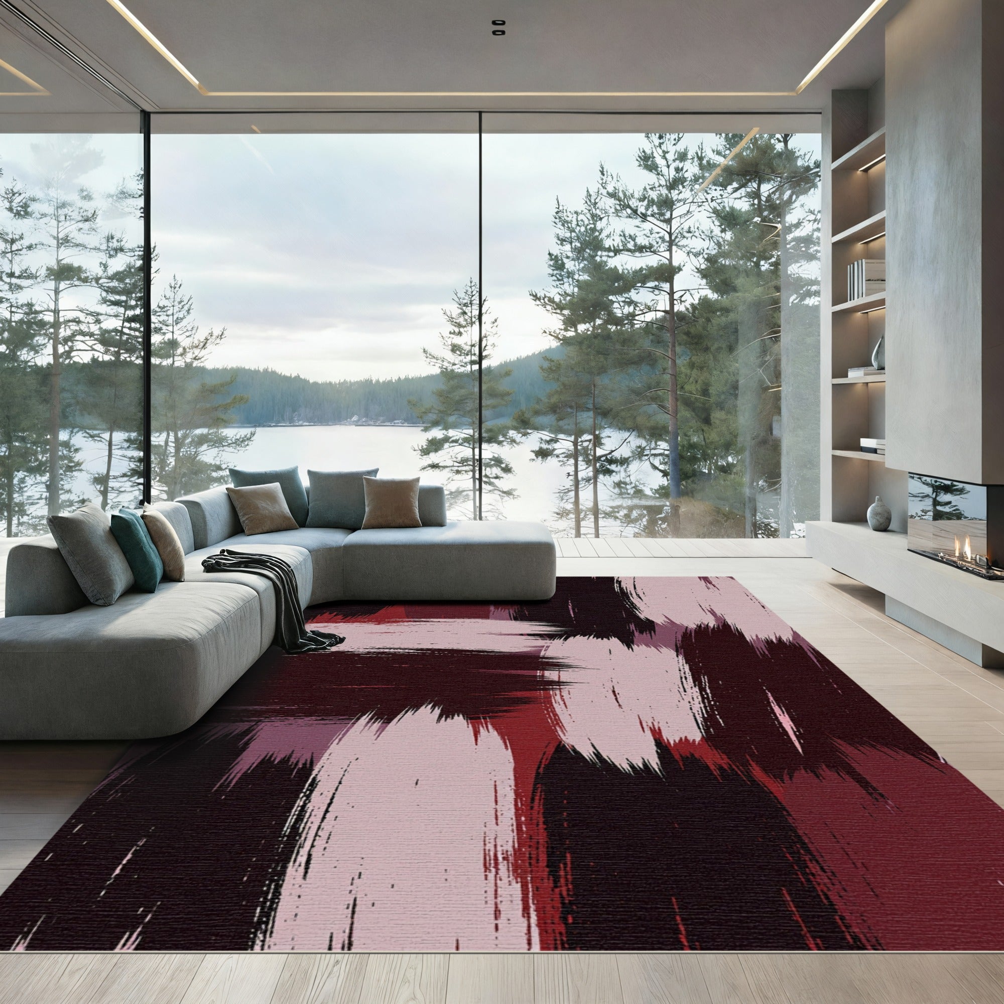 Bold Burgundy and Blush Abstract Brushstroke Rug