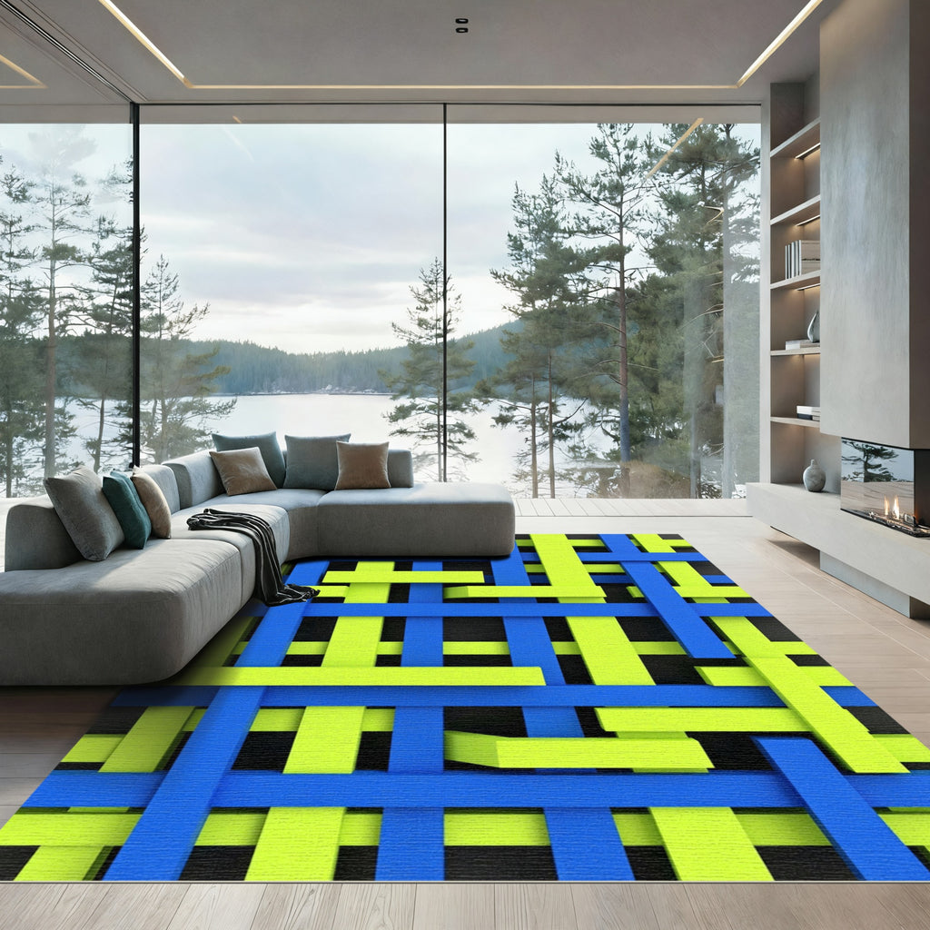 Geometric Lime and Electric Blue Lattice Rug
