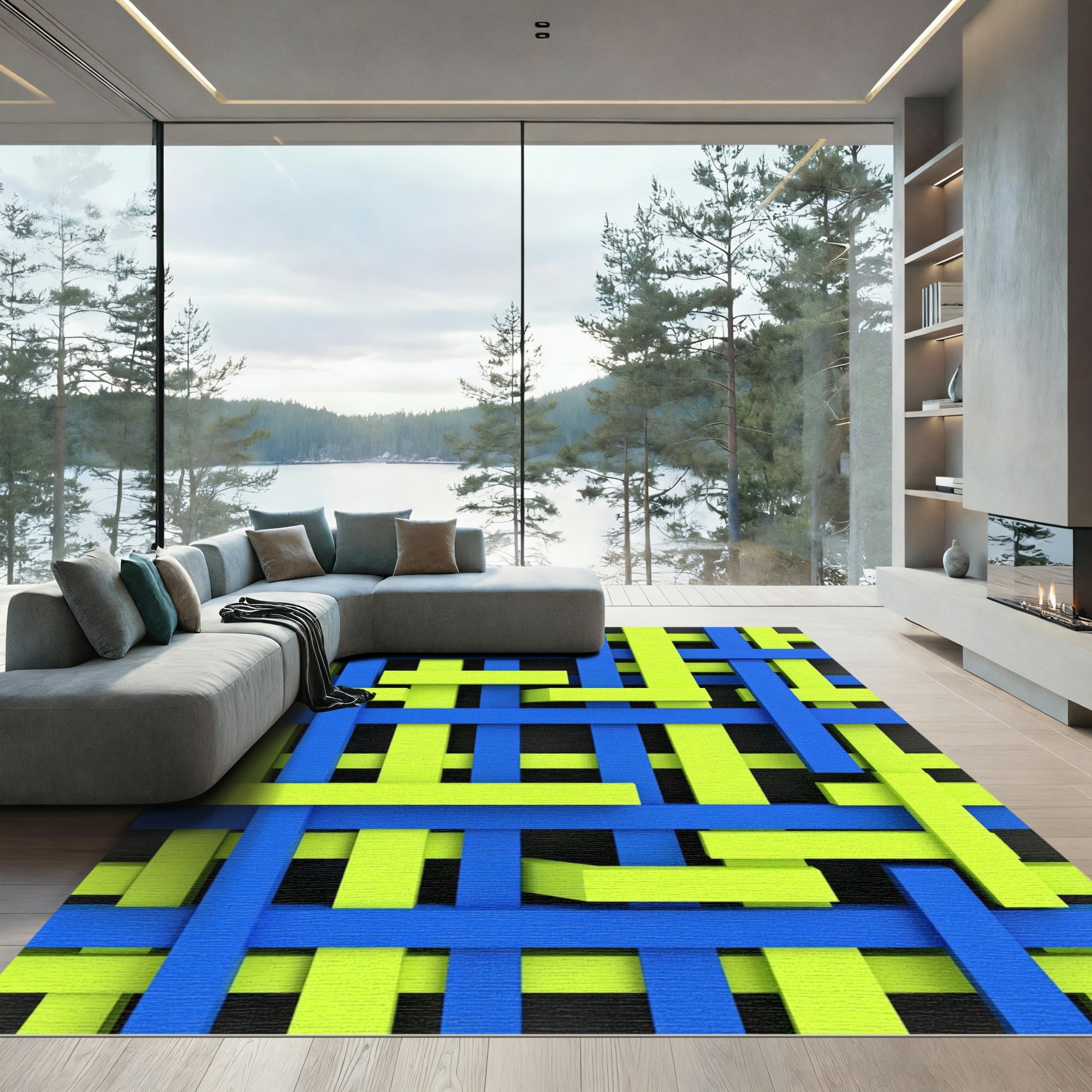 Geometric Lime and Electric Blue Lattice Rug