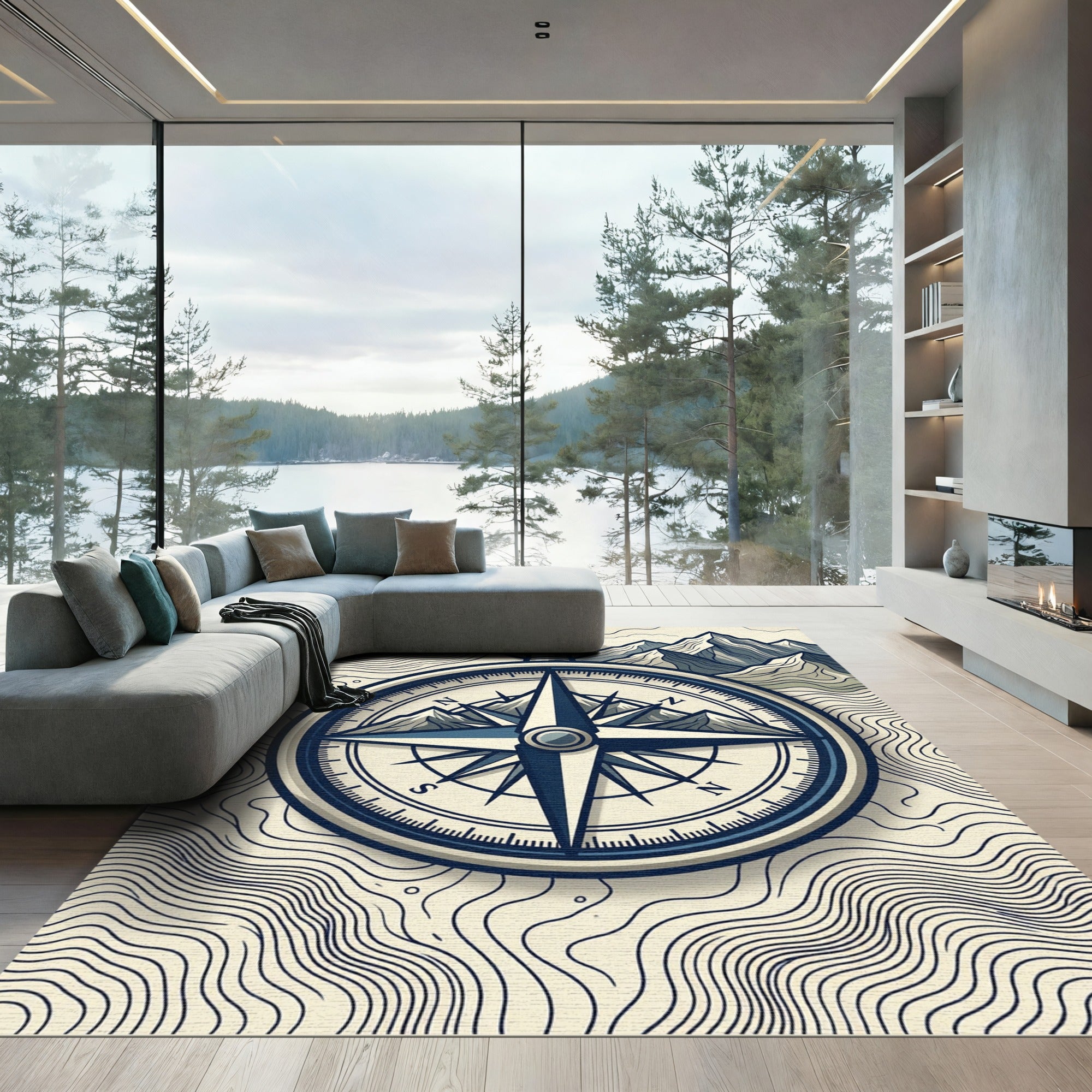 Vintage Alpine Compass Mountain Map Rug