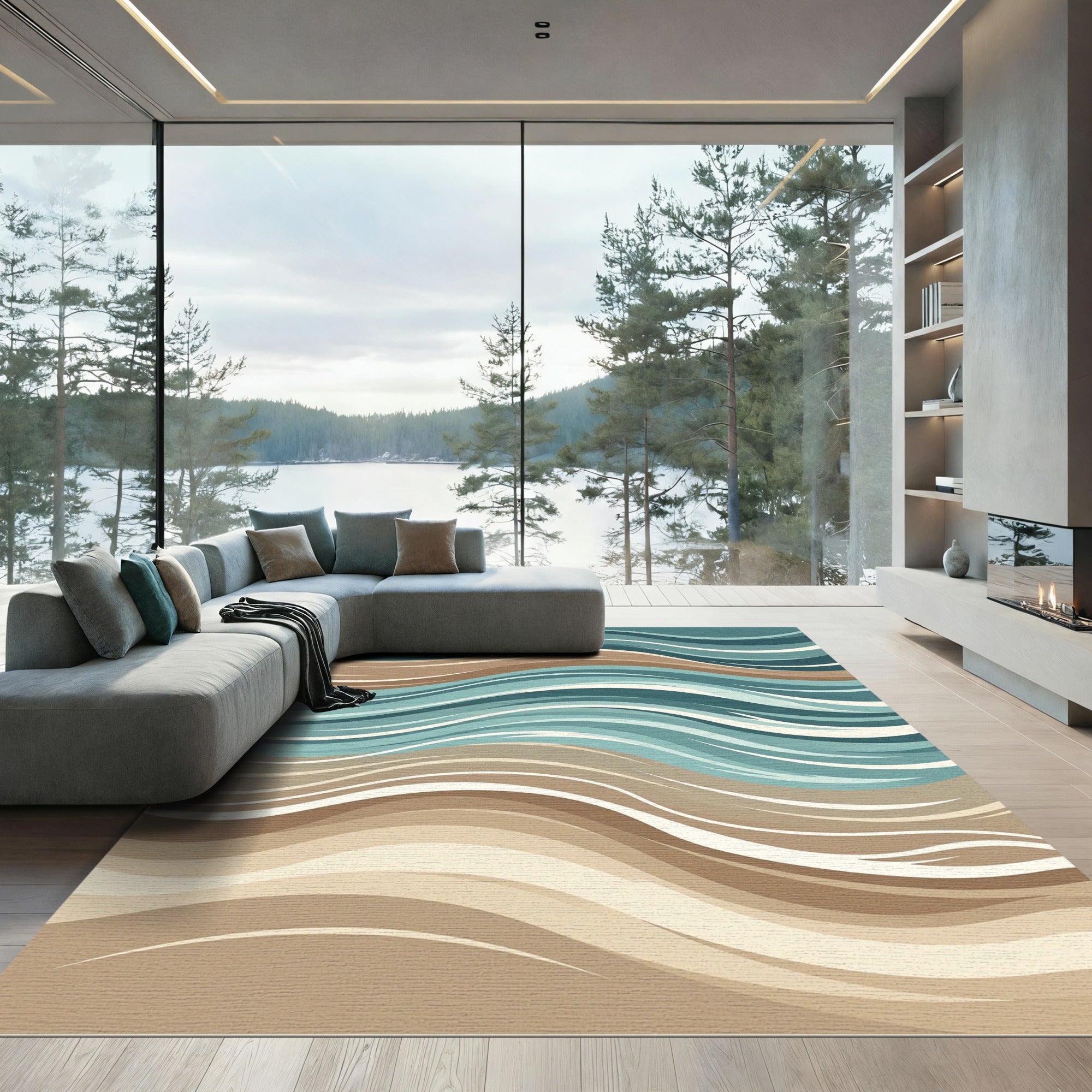 Abstract Wavy Teal and Earth Tone Rug