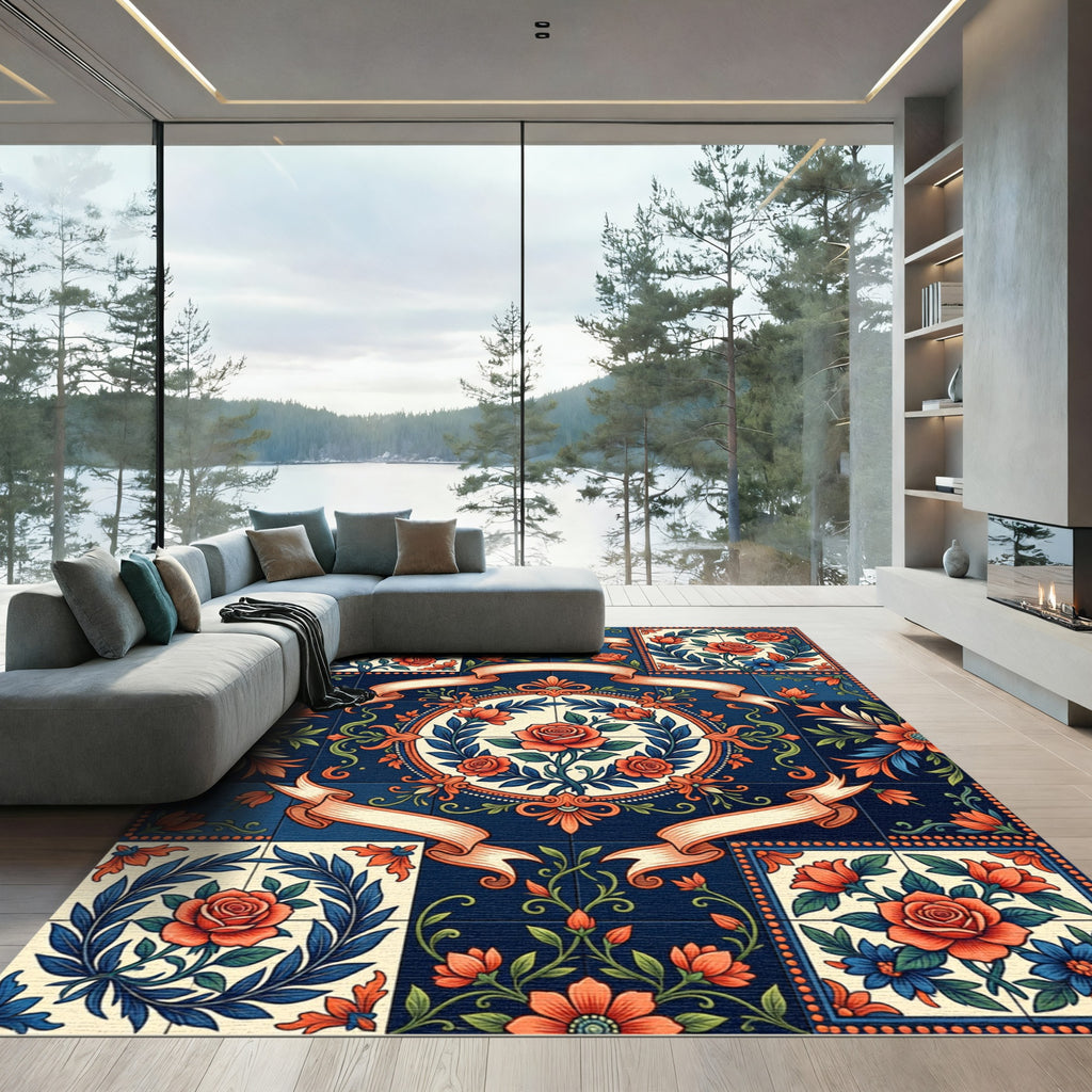 Vintage Navy Floral Rose Medallion Rug