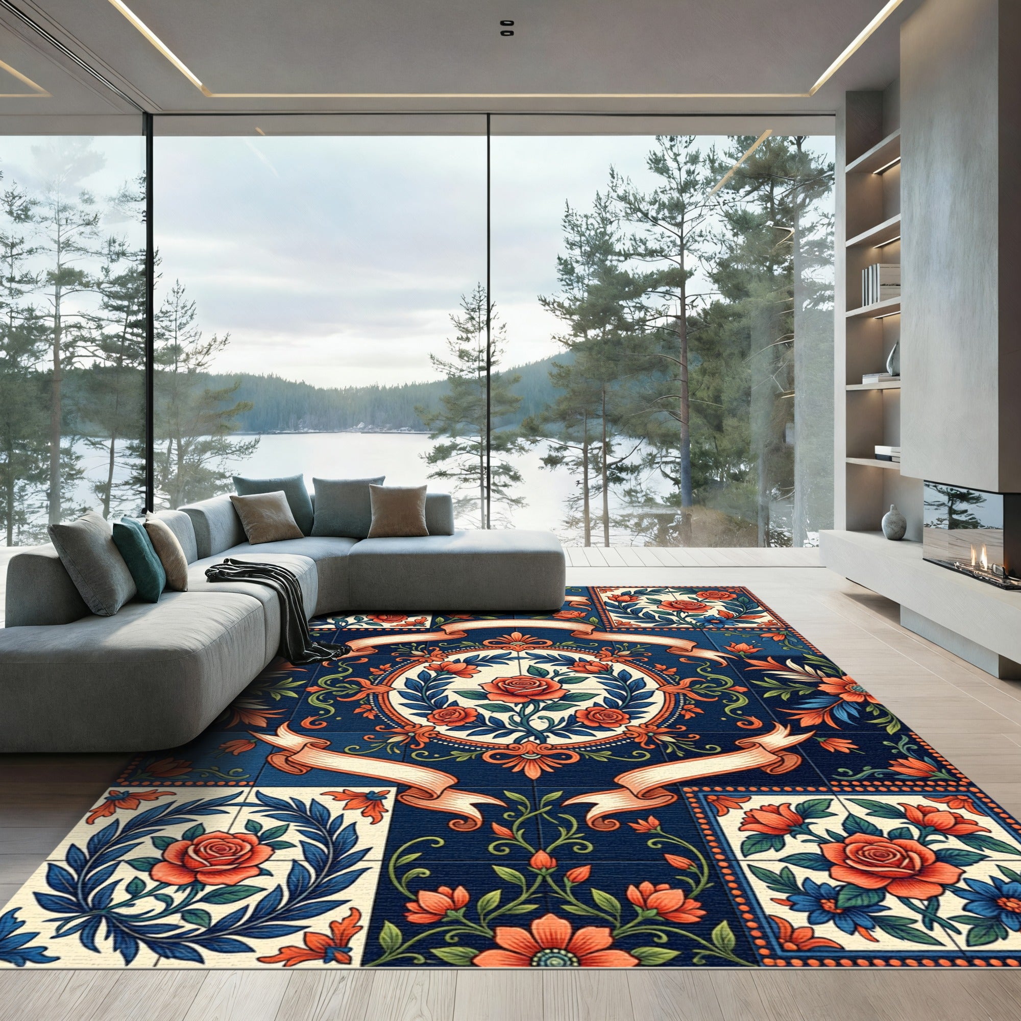 Vintage Navy Floral Rose Medallion Rug