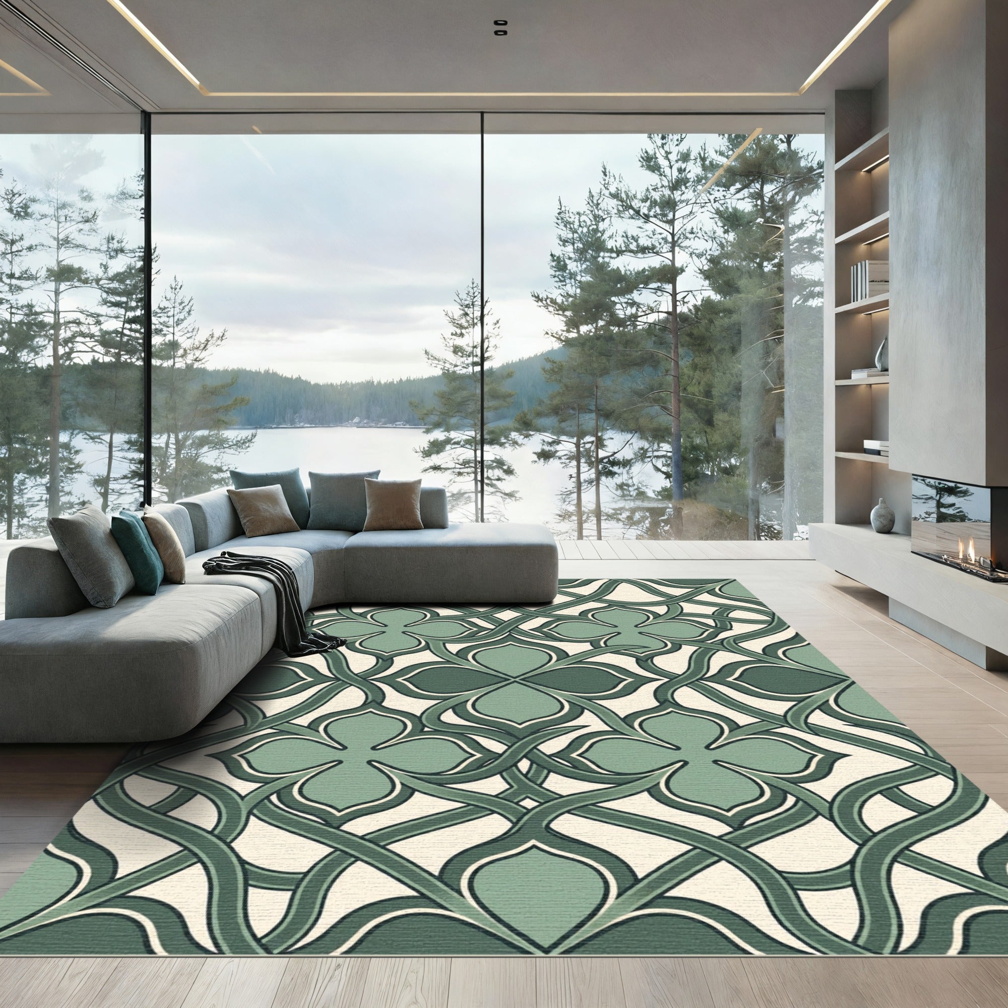 Elegant Sage Quatrefoil Interwoven Botanical Rug