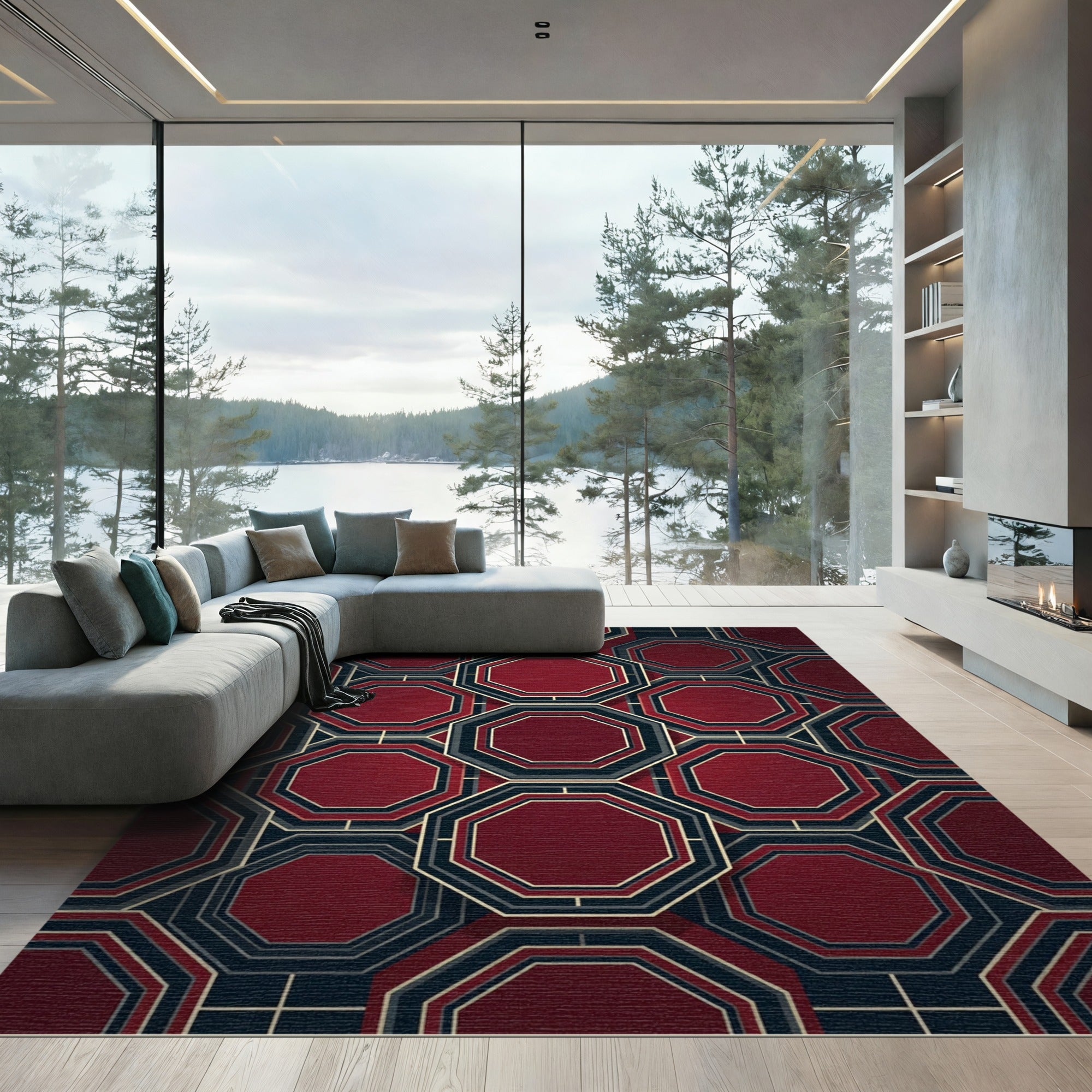 Elegant Crimson Geometric Octagon Art Rug
