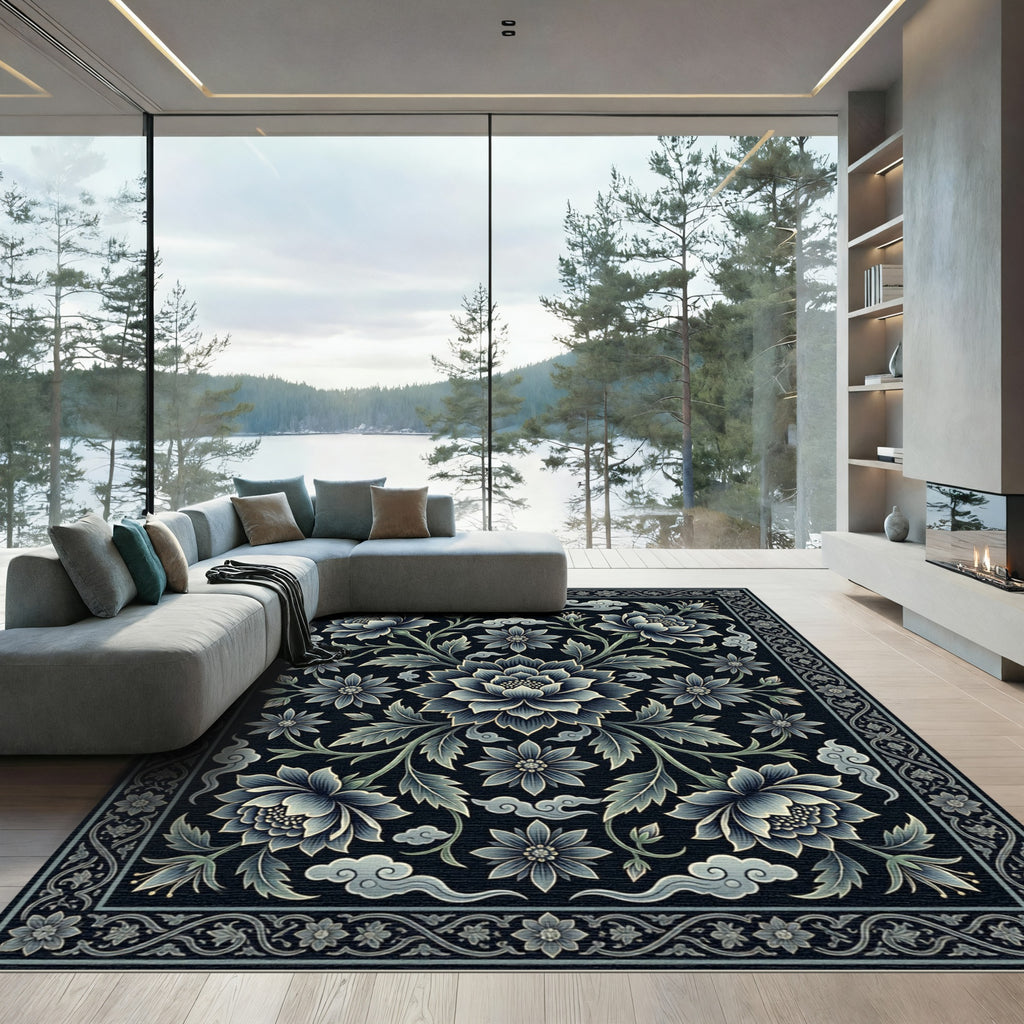 Elegant Midnight Blue Lotus Floral Illustration Rug