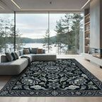 Elegant Midnight Blue Lotus Floral Illustration Rug