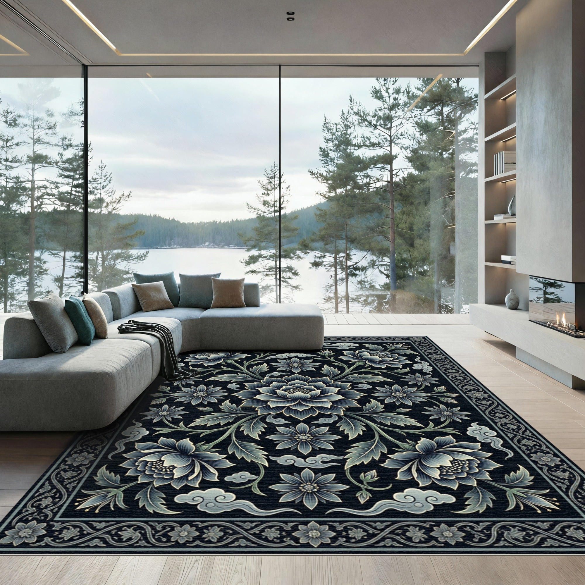Elegant Midnight Blue Lotus Floral Illustration Rug