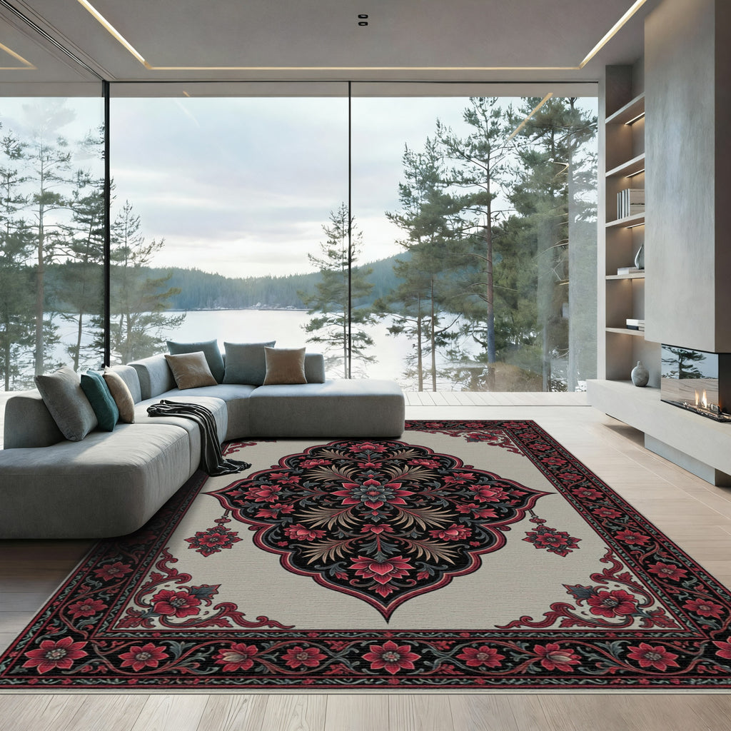 Crimson Floral Medallion on Charcoal Grey Rug