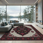 Crimson Floral Medallion on Charcoal Grey Rug