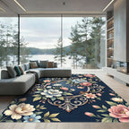 Elegant Navy Floral Filigree Frame Rug