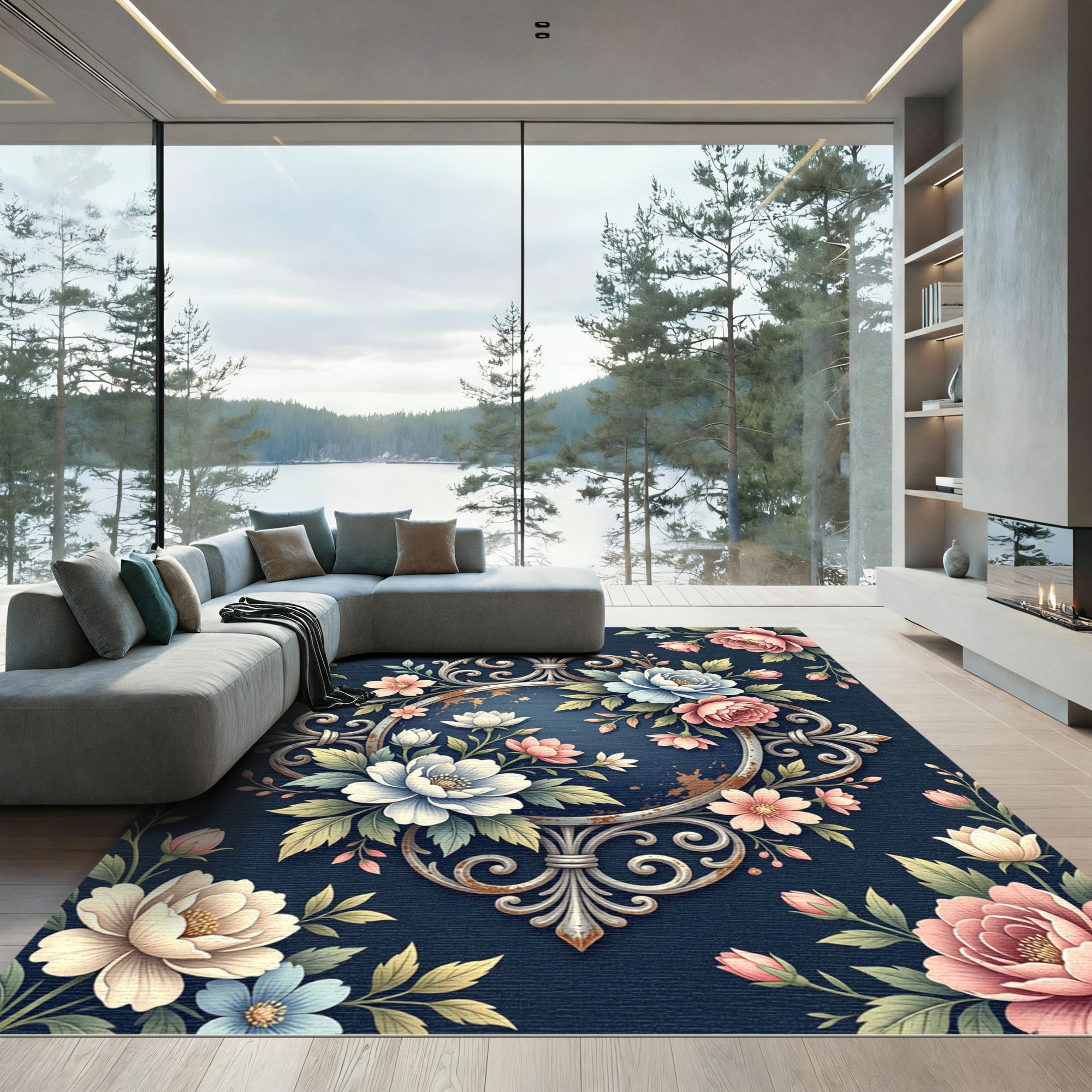 Elegant Navy Floral Filigree Frame Rug