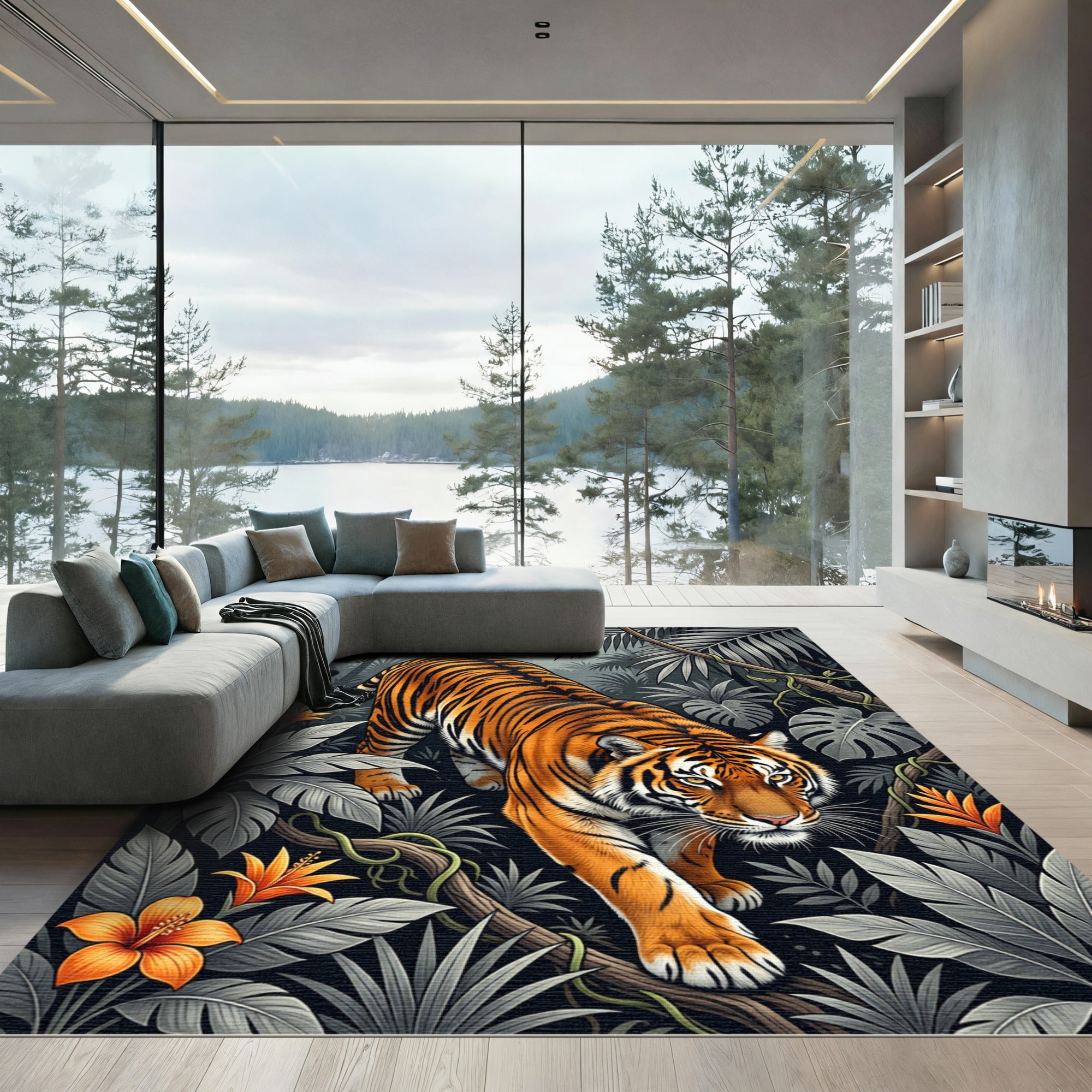 Vivid Tiger Amidst Monochrome Tropical Flora Rug