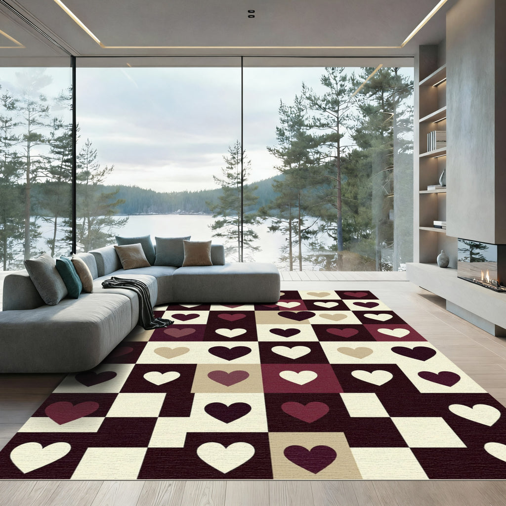 Warm Burgundy White Heart Grid Rug