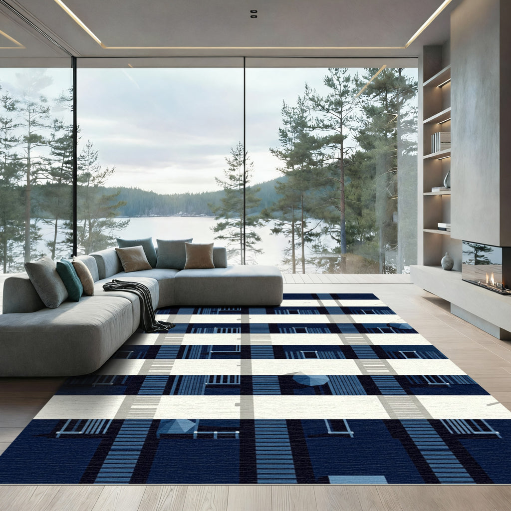 Modern Navy Geometric Architectural Grid Rug