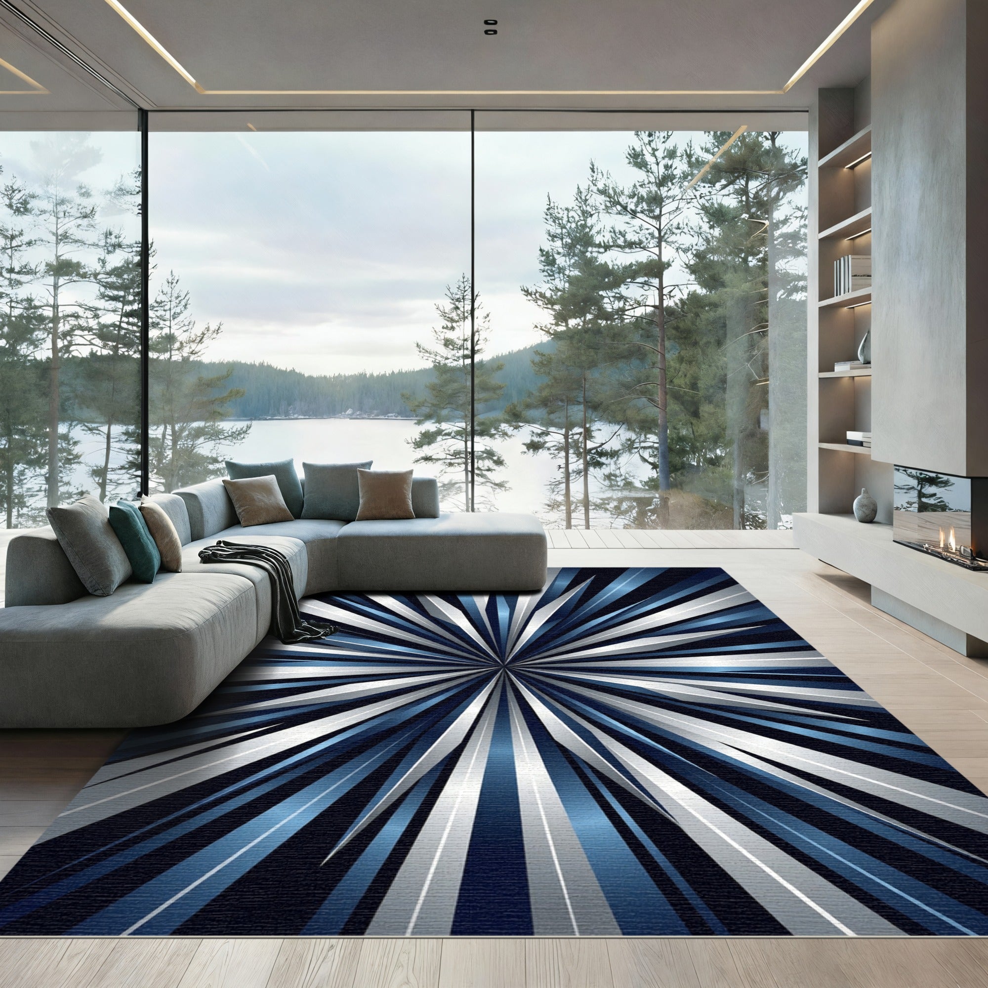 Metallic Blue Radiant Starburst Ray Rug