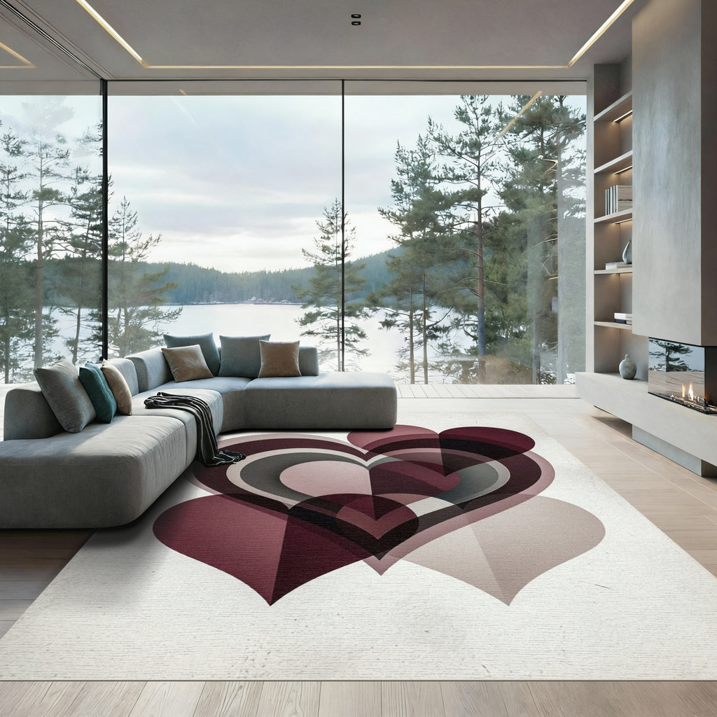 Modern Burgundy Overlapping Hearts Art Rug