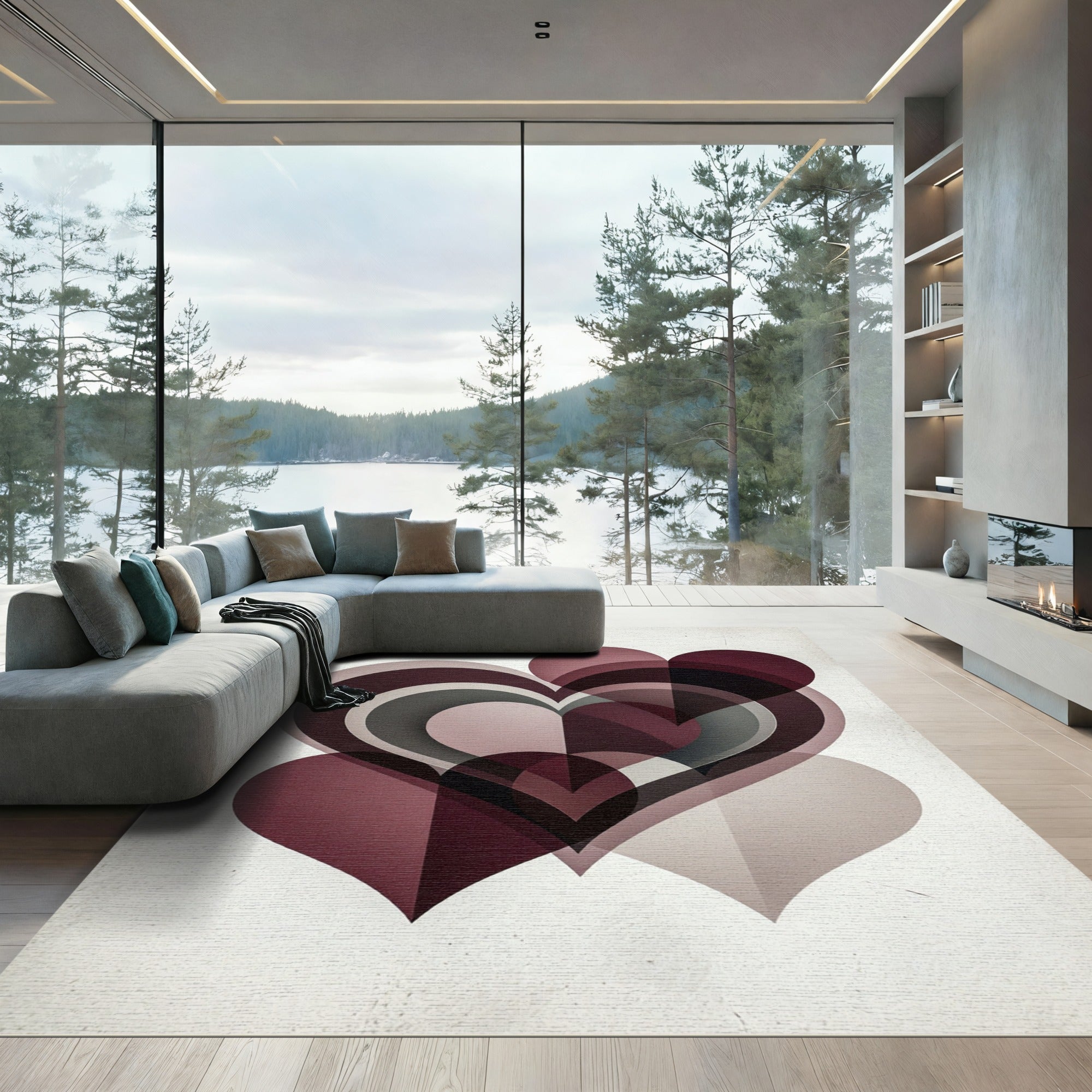 Modern Burgundy Overlapping Hearts Art Rug