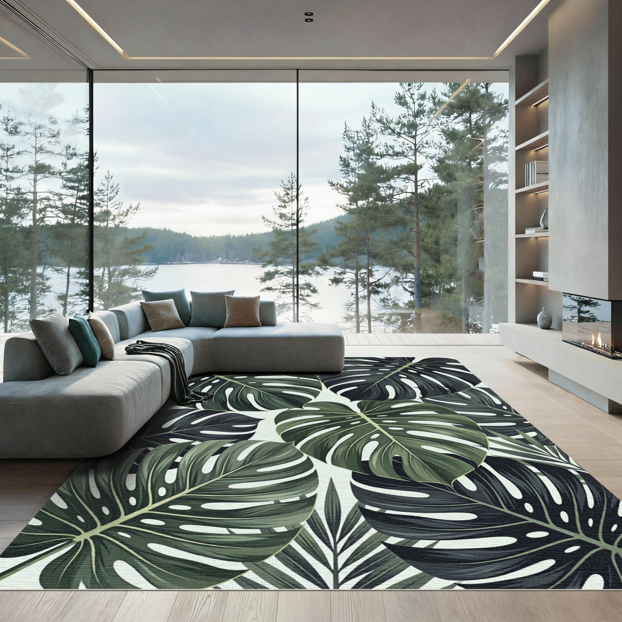 Dark Green Tropical Monstera Leaf Collage Rug