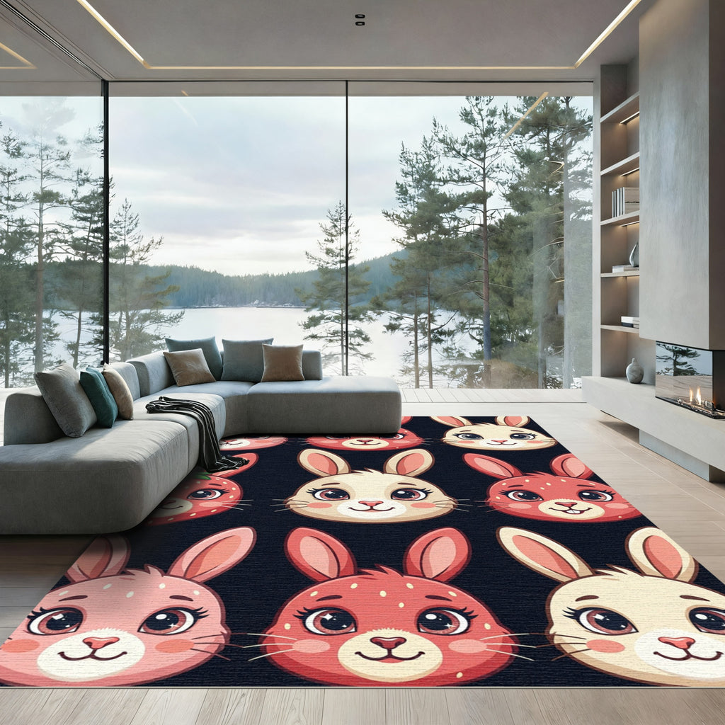 Cute Strawberry Rabbit Bunny Face Grid Rug
