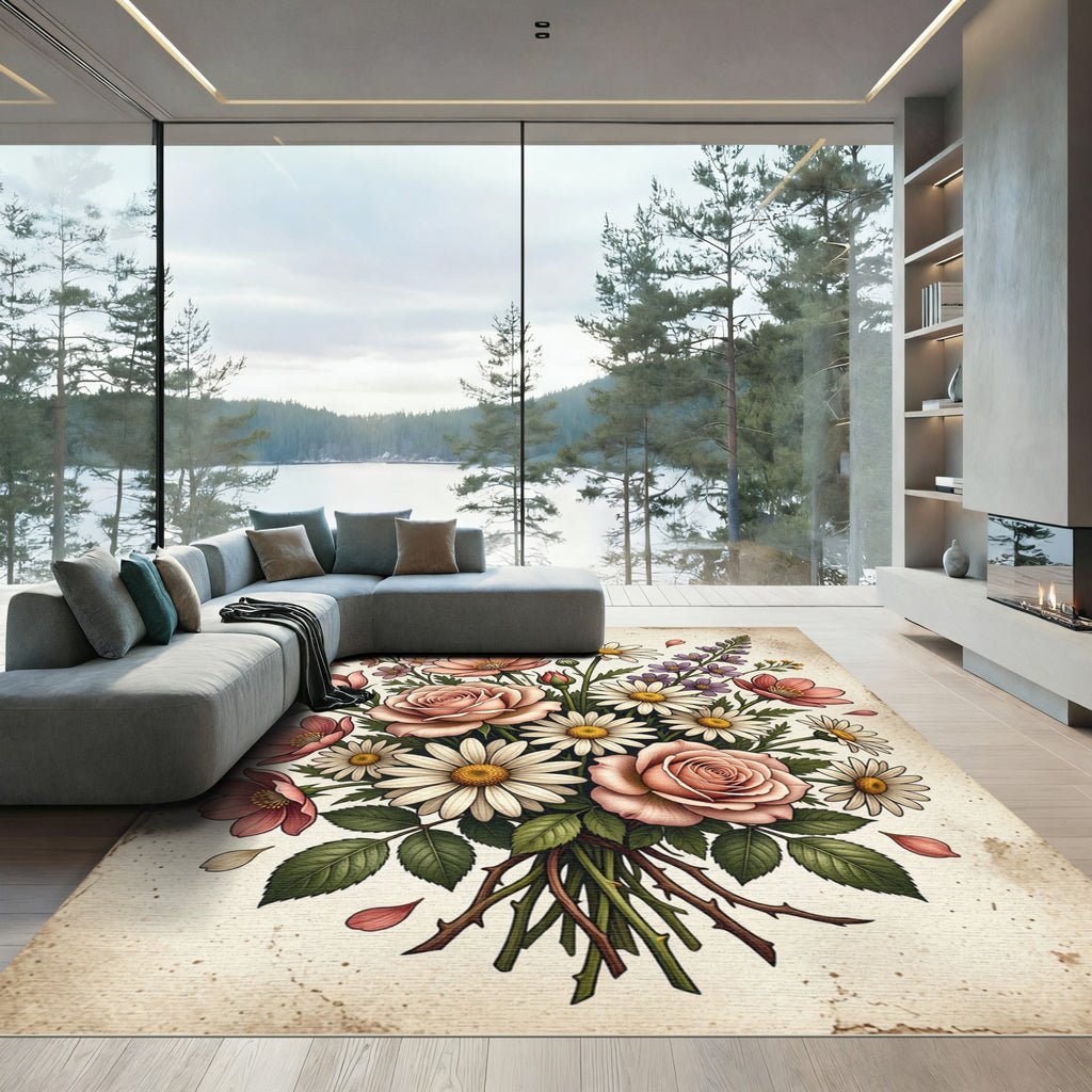 Blush Rose and Daisy Bouquet Illustration Rug