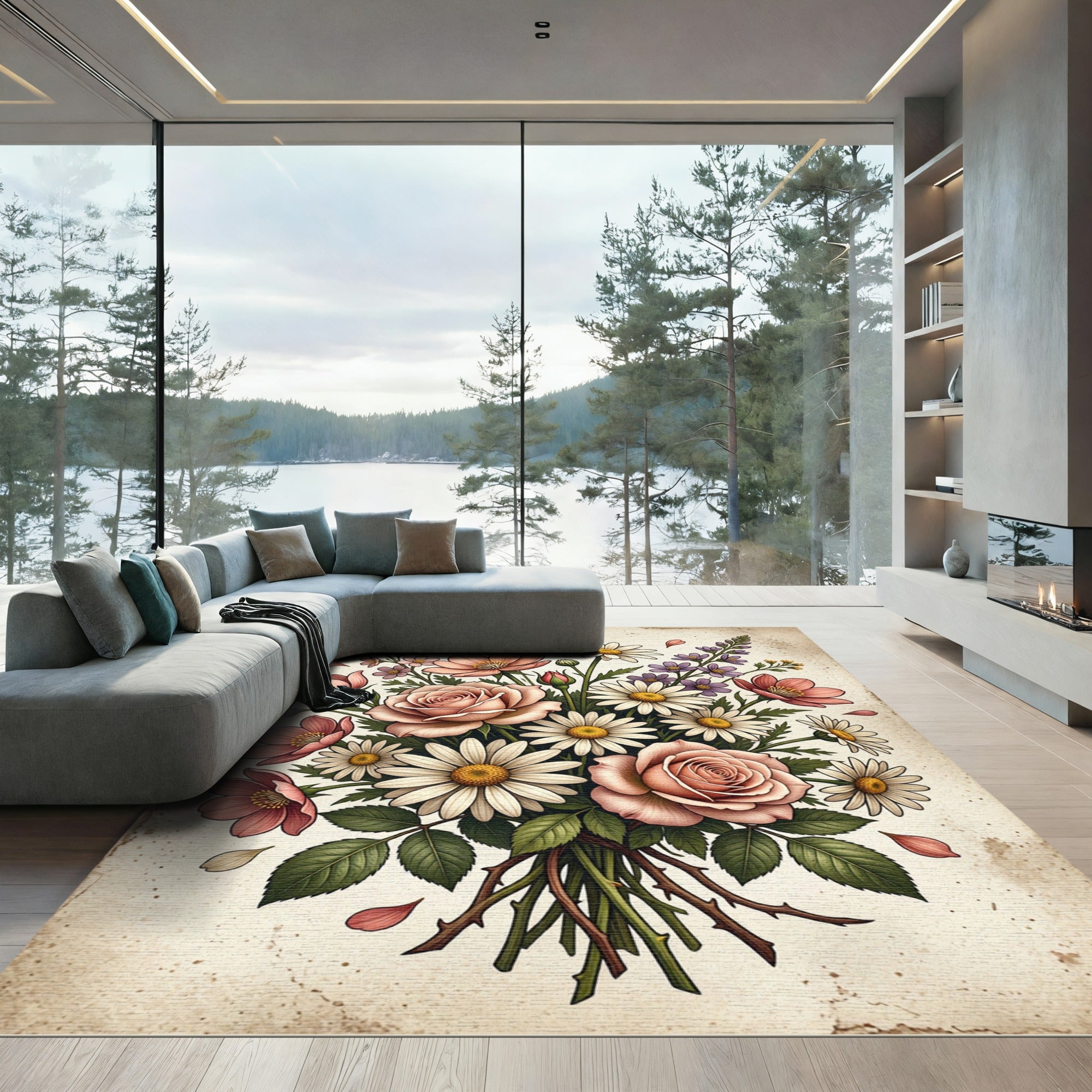 Blush Rose and Daisy Bouquet Illustration Rug