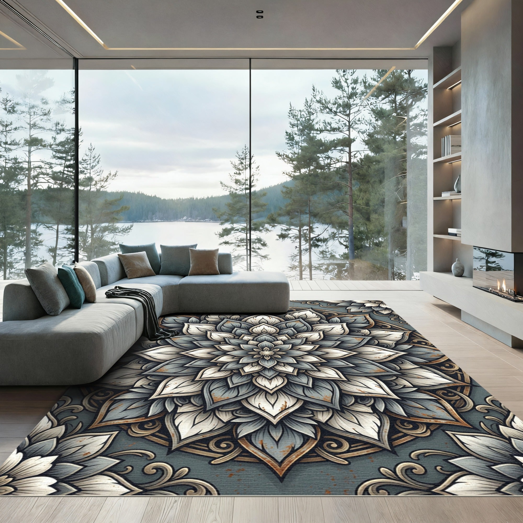 Elegant Slate Blue Floral Mandala Rug