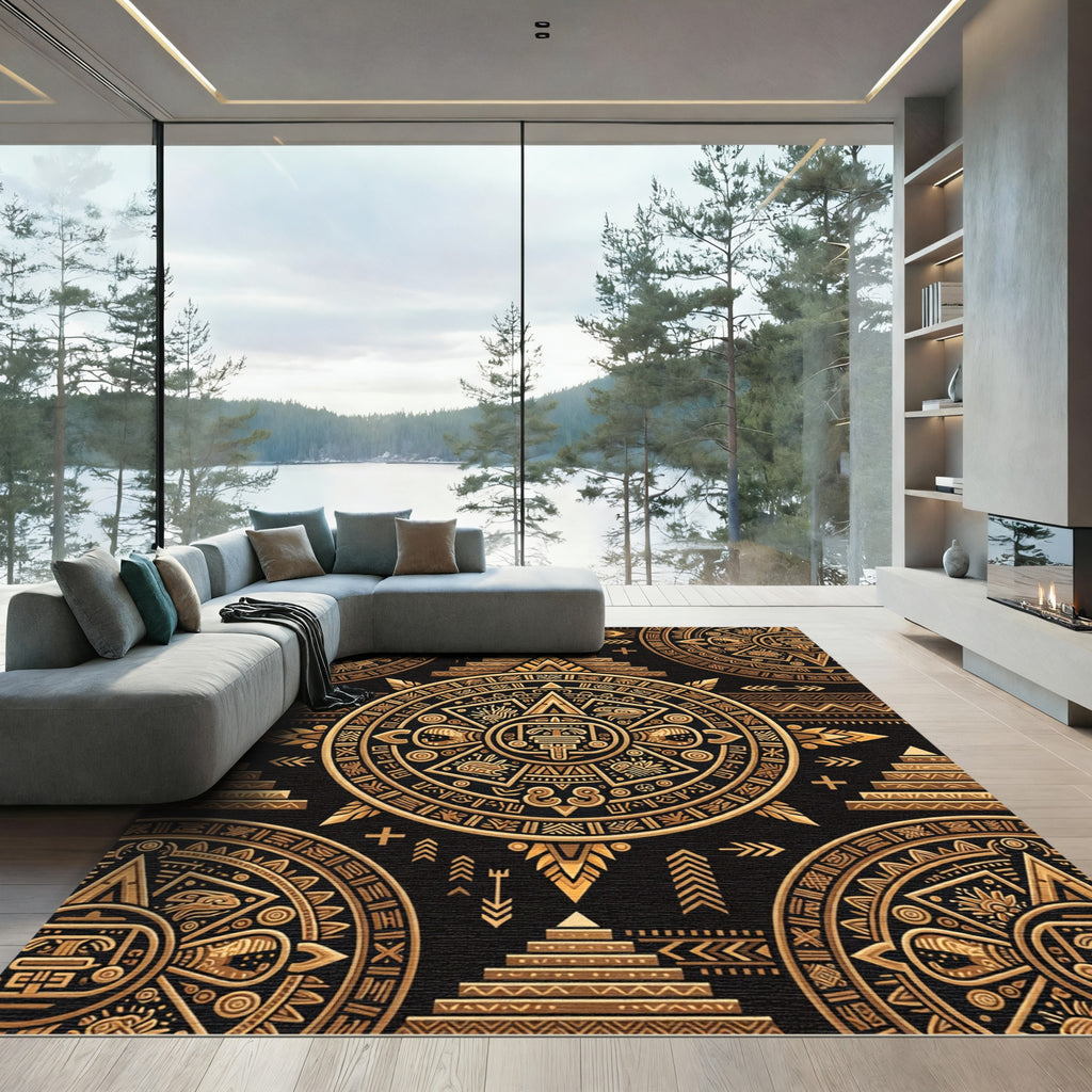 Gold Sun Stone Pyramid Motif Rug