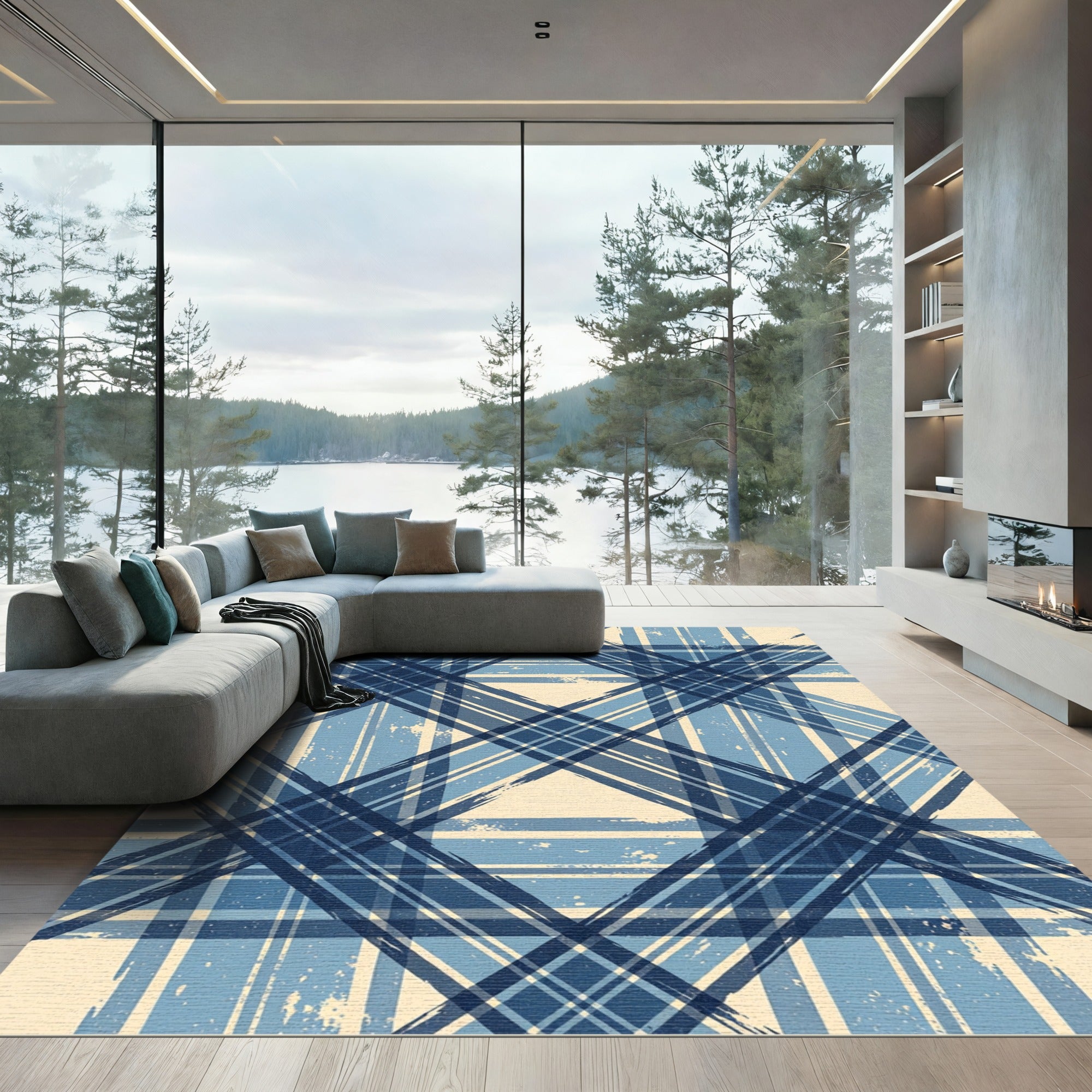 Distressed Navy Blue Plaid Geometric Rug