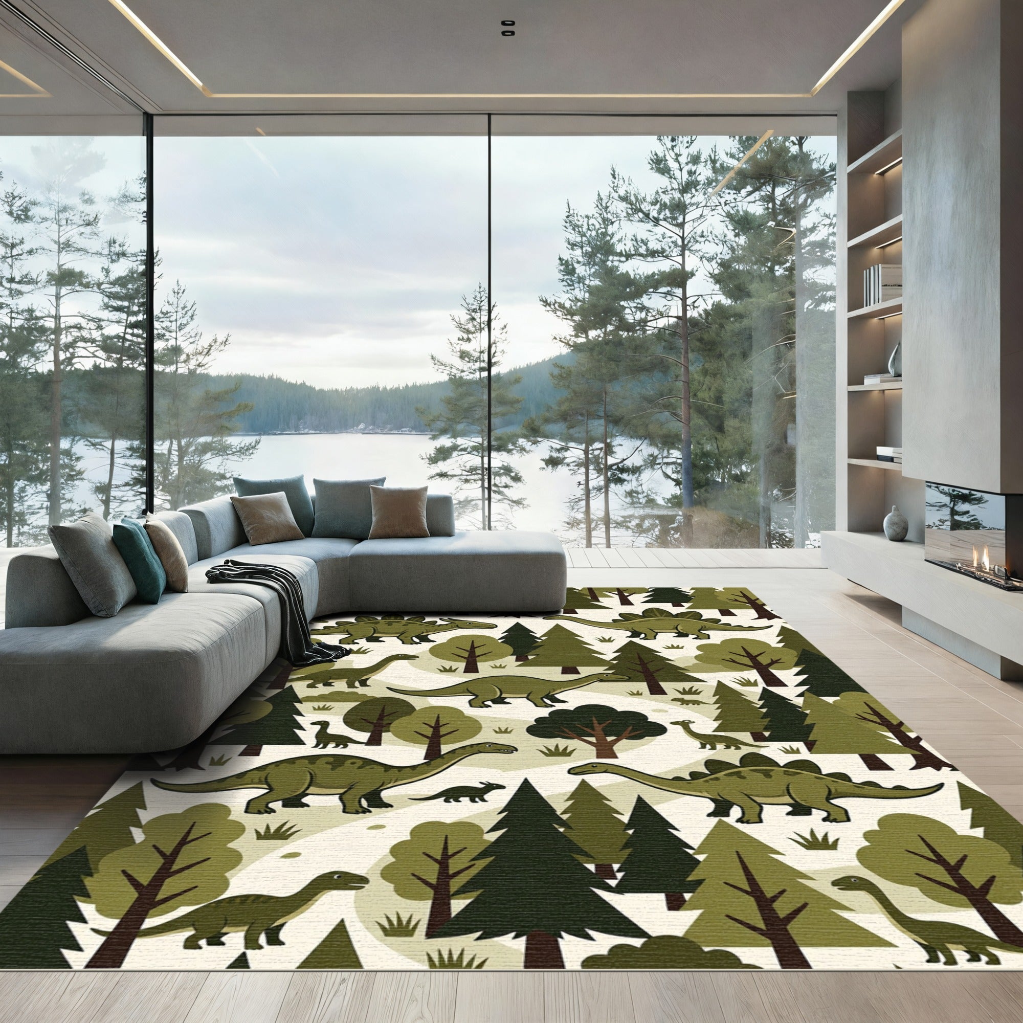 Olive Green Dinos in Forest Meadow Rug