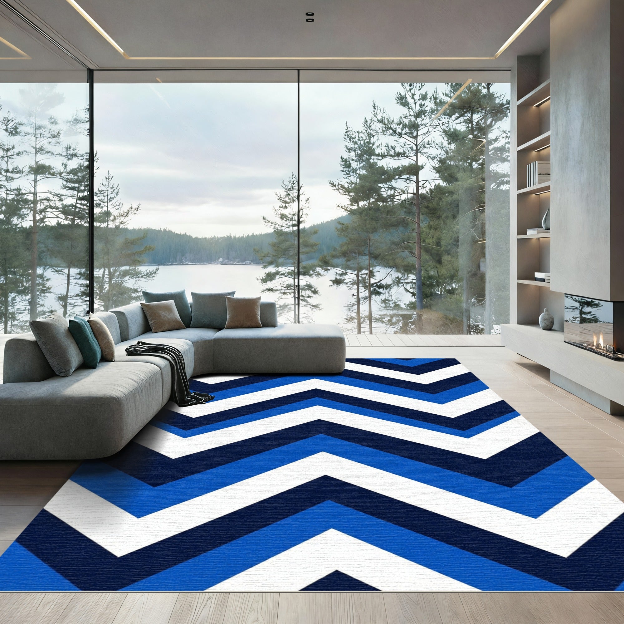 Bold Navy Blue Chevron Stripe Rug