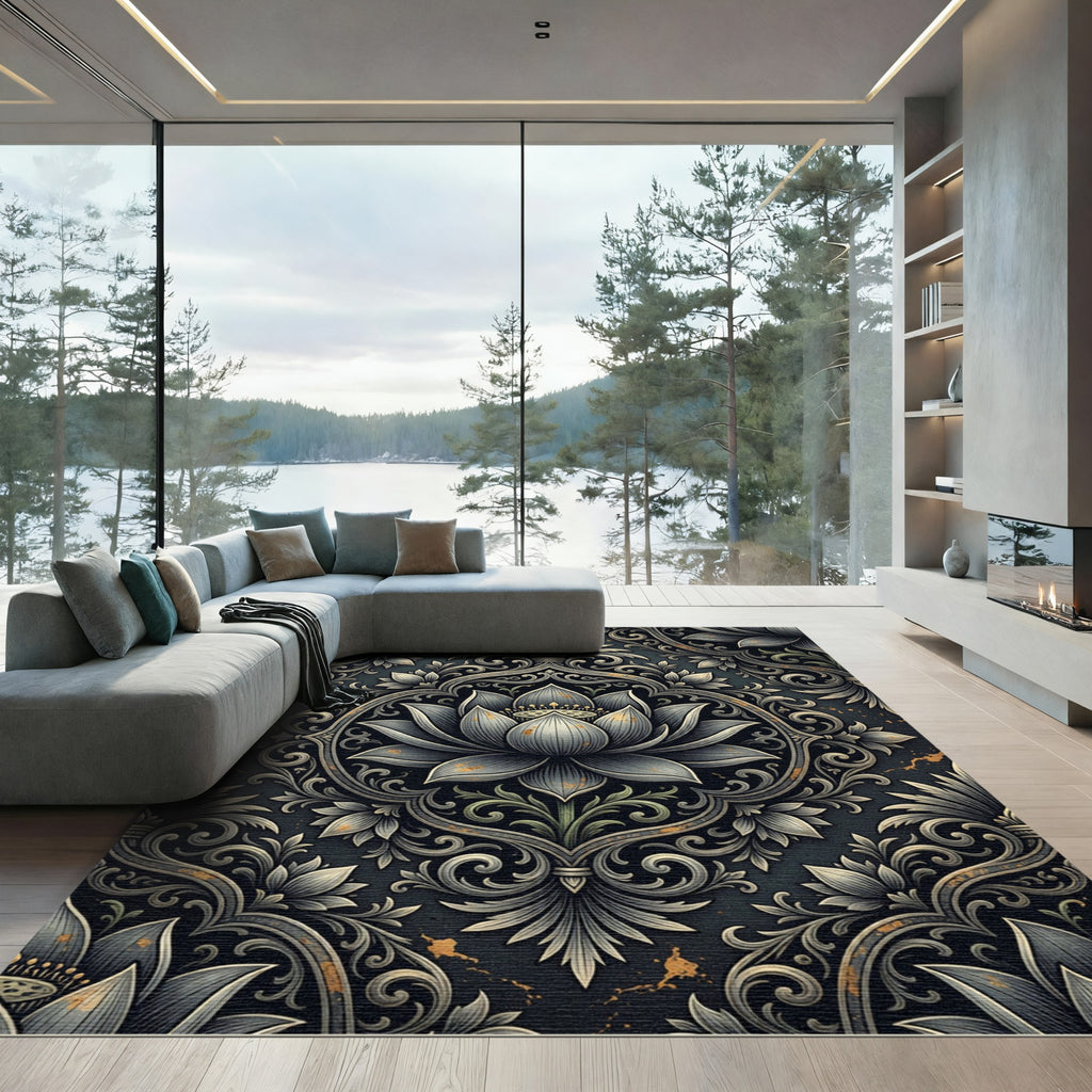 Dark Gray Lotus Bloom Damask Rug