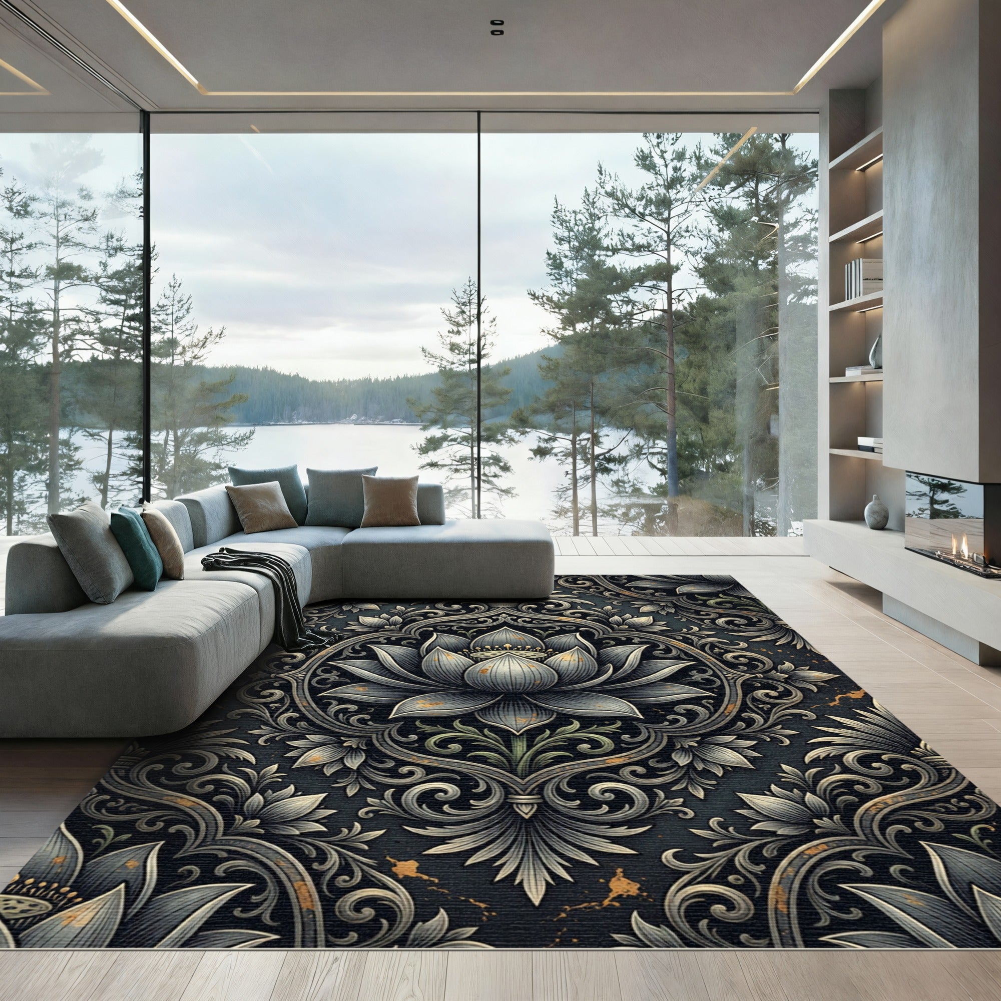 Dark Gray Lotus Bloom Damask Rug