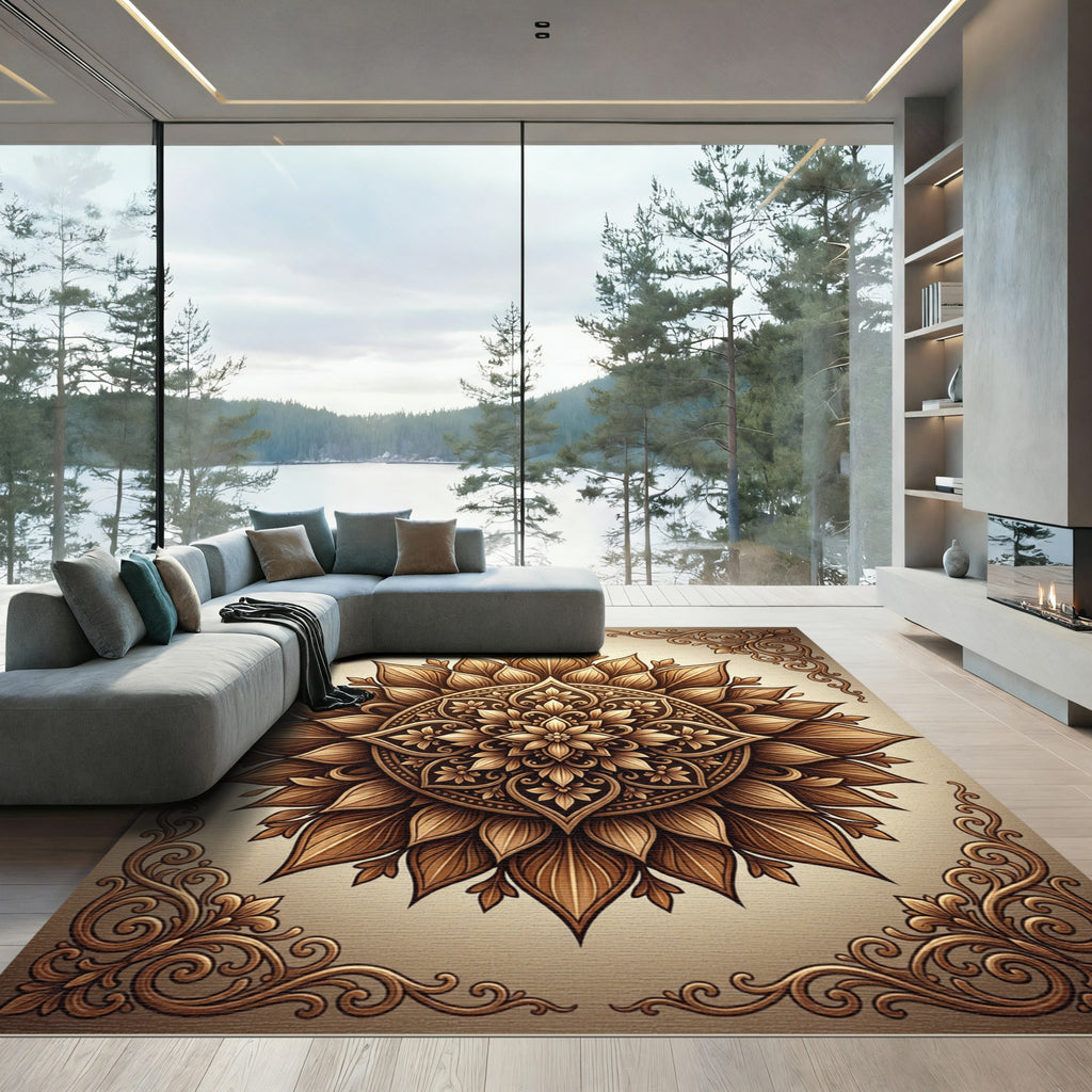 Elegant Golden Floral Mandala Medallion Rug