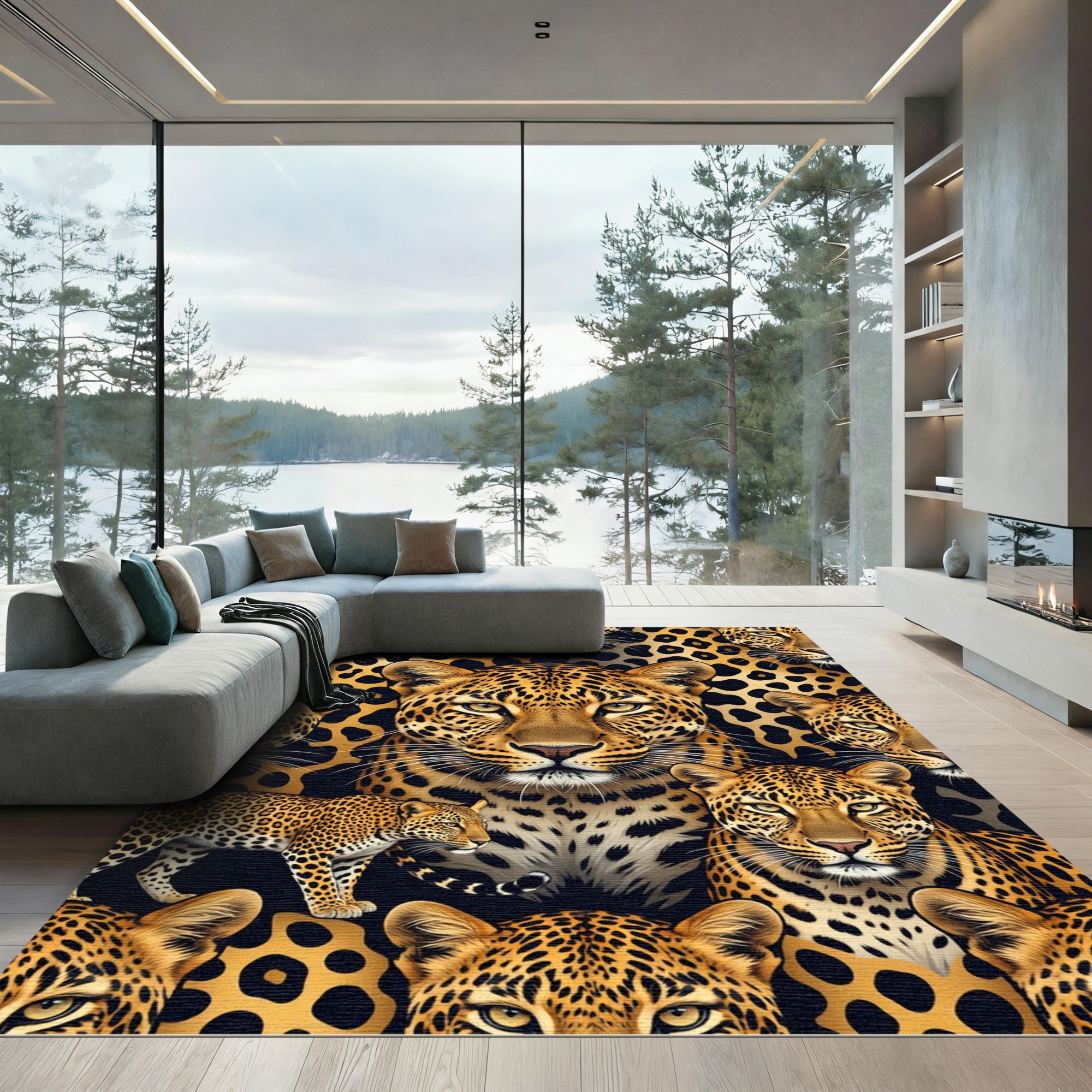 Golden Black Leopard Spots Faces Rug
