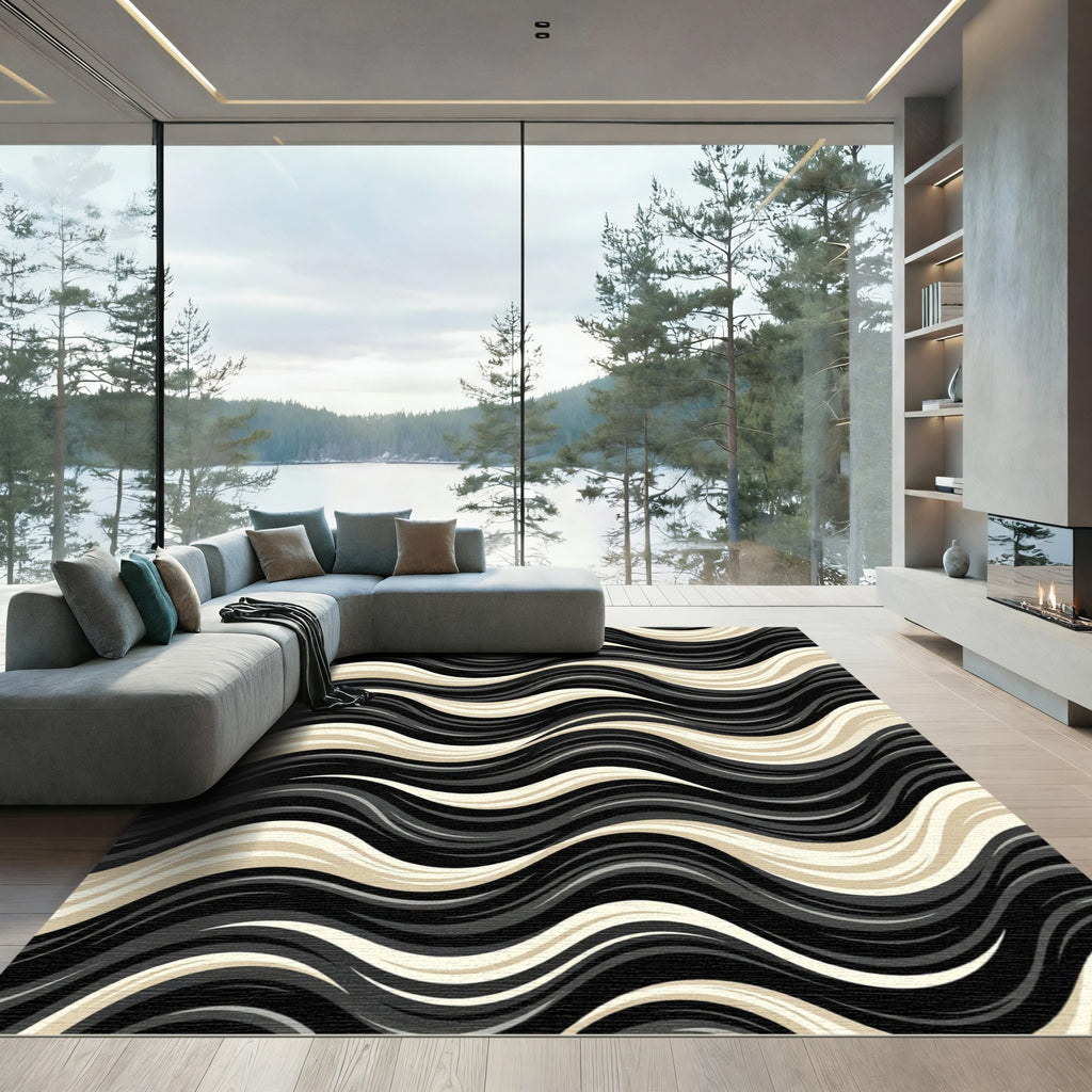 Dynamic Black Gold Curving Stripes Rug
