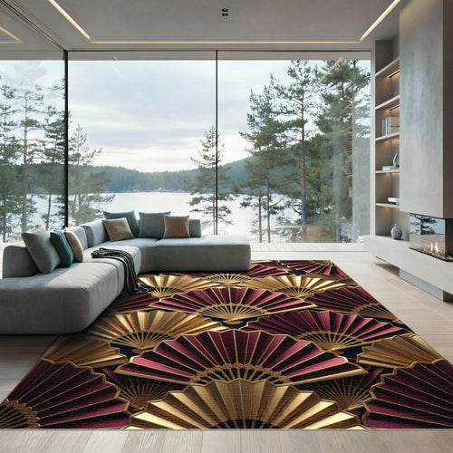 Art Deco Gold and Burgundy Fan Rug