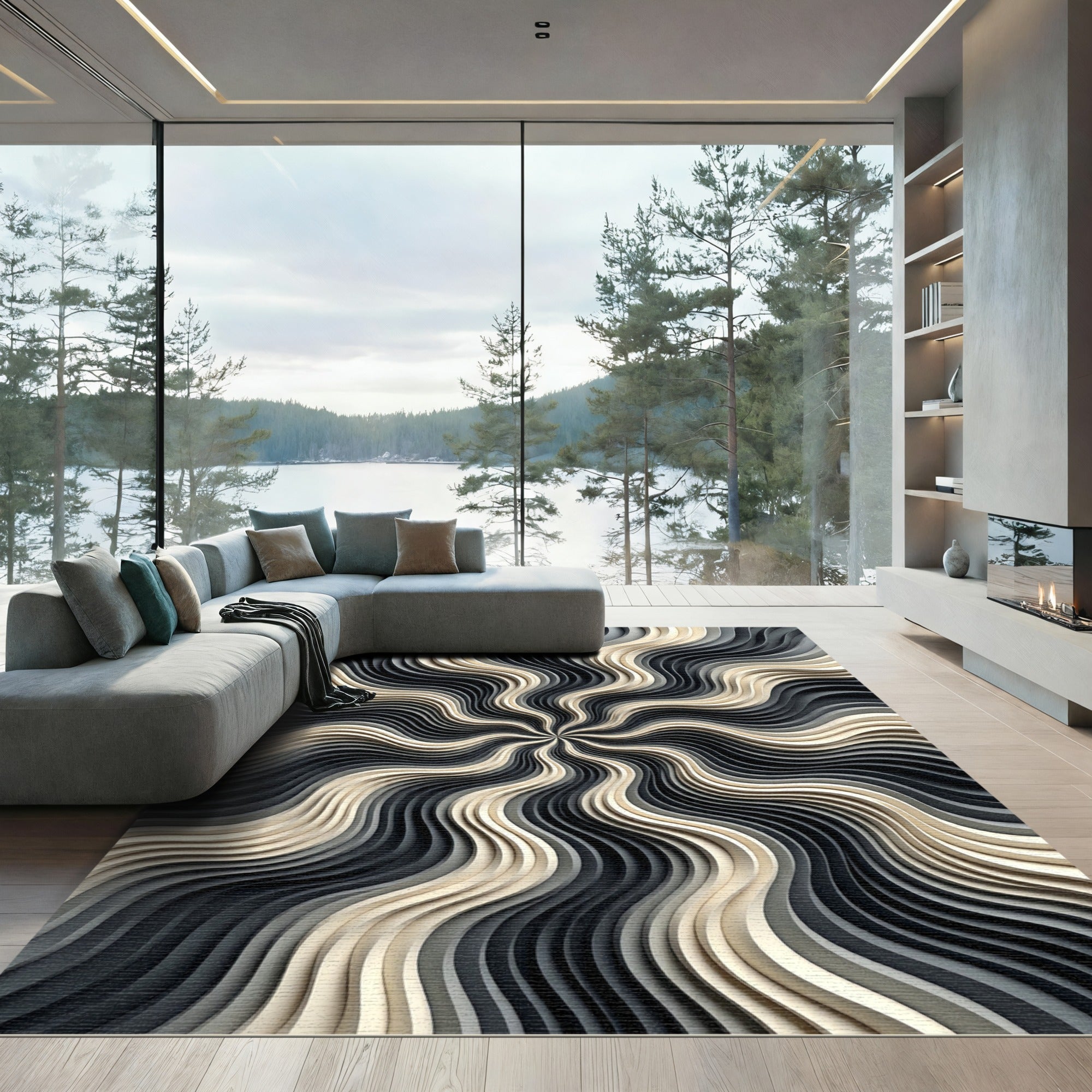 Modern Monochrome Swirl Wave Rug
