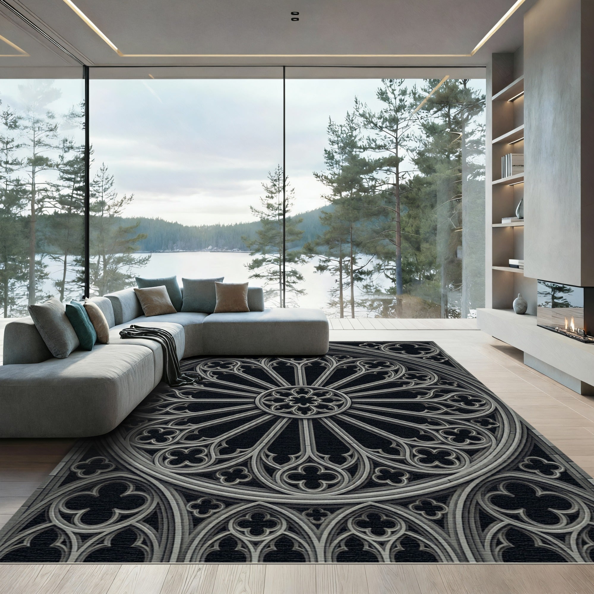 Gothic Slate Gray Ornate Cathedral Rose Rug