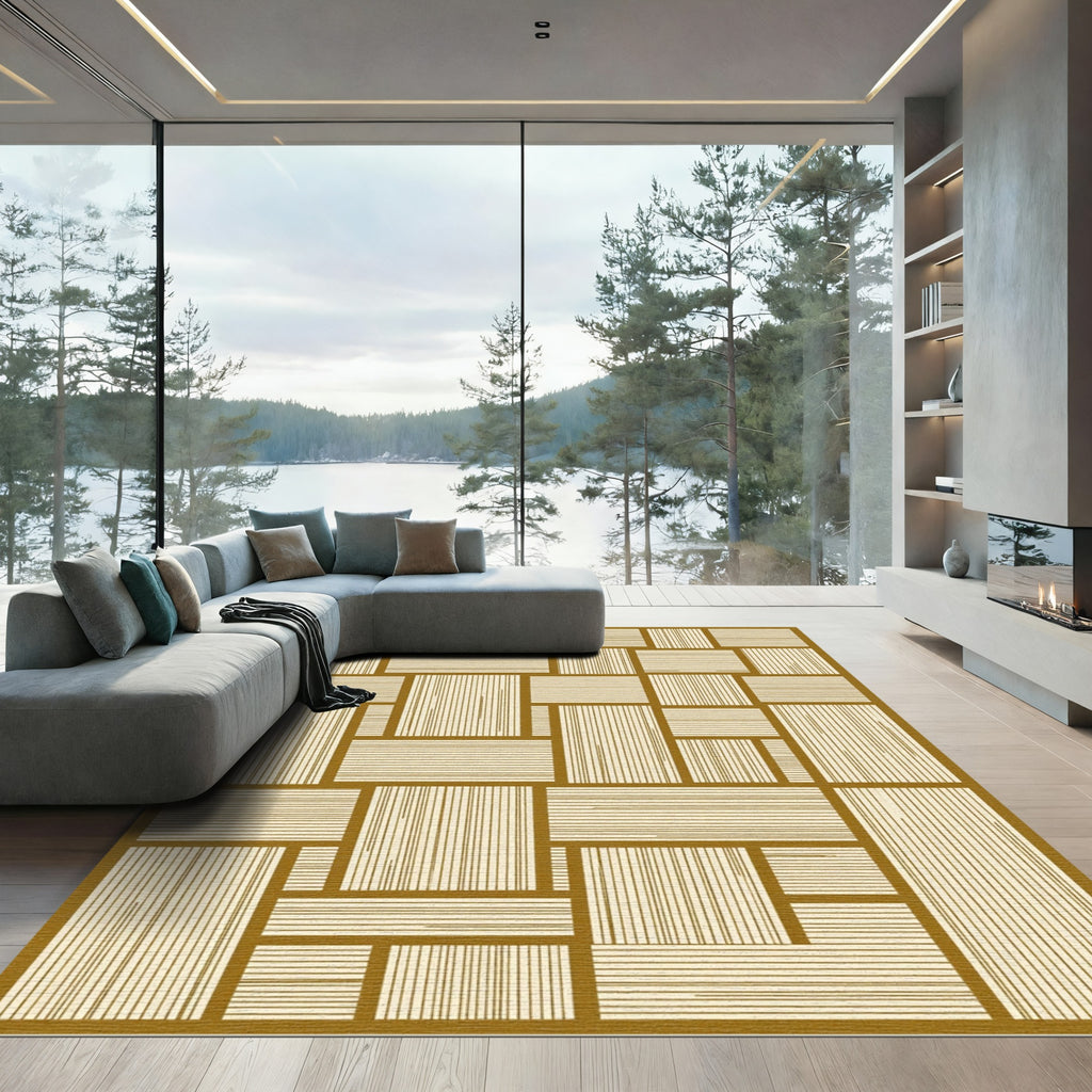 Modern Ochre Geometric Linear Grid Rug