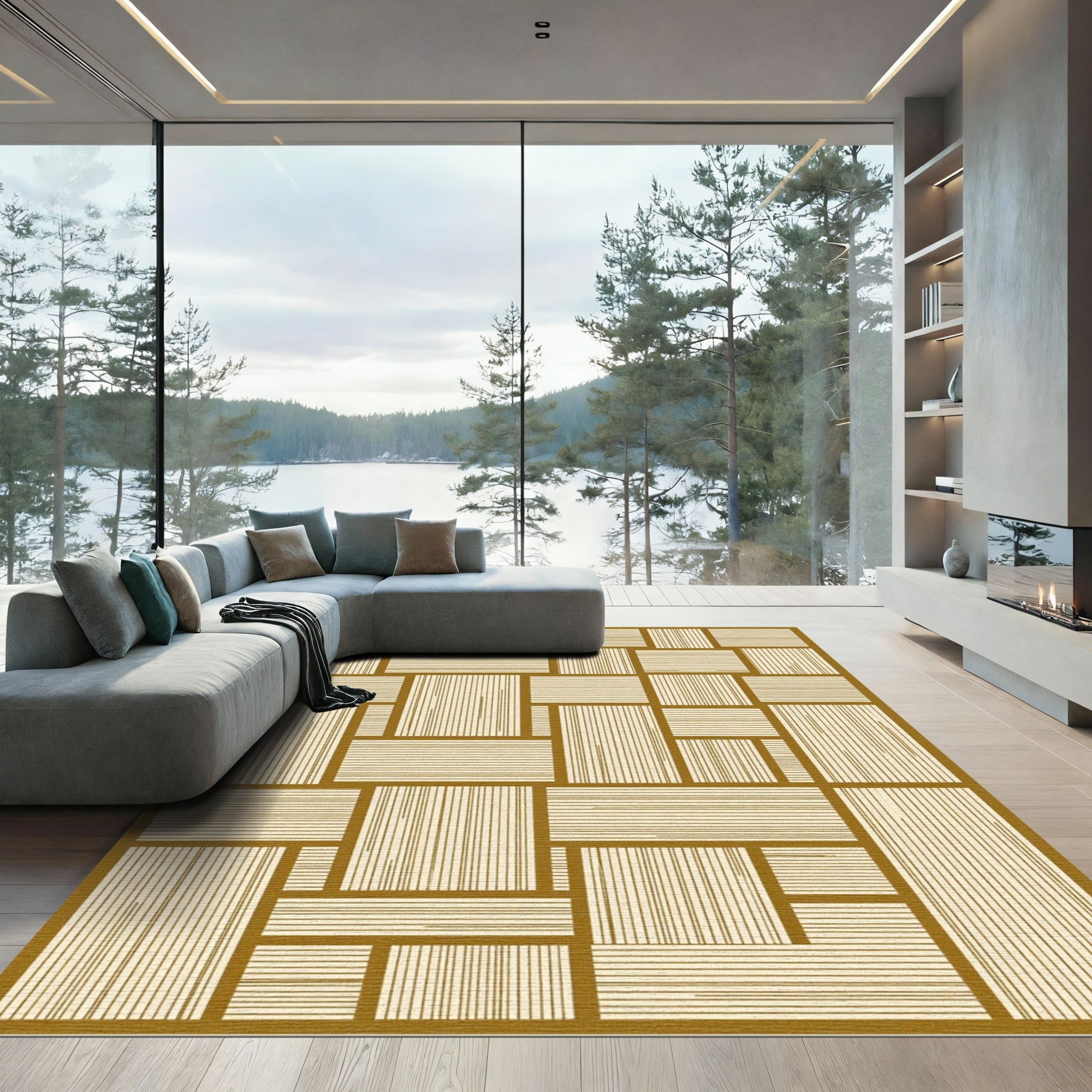 Modern Ochre Geometric Linear Grid Rug