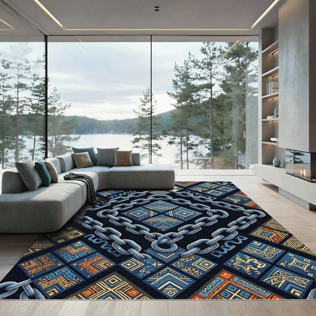 Blue Gold Chain Tribal Geometric Rug