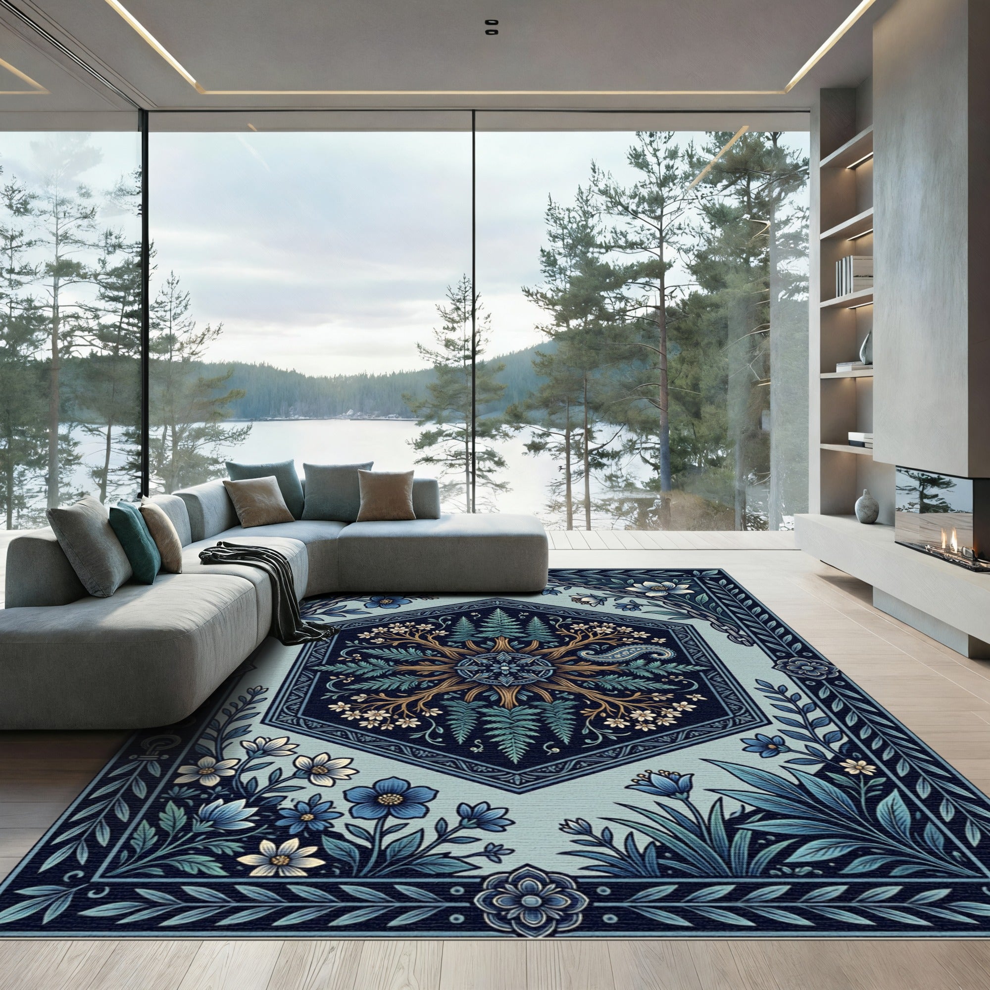 Midnight Blue Botanical Hexagon Meadow Rug